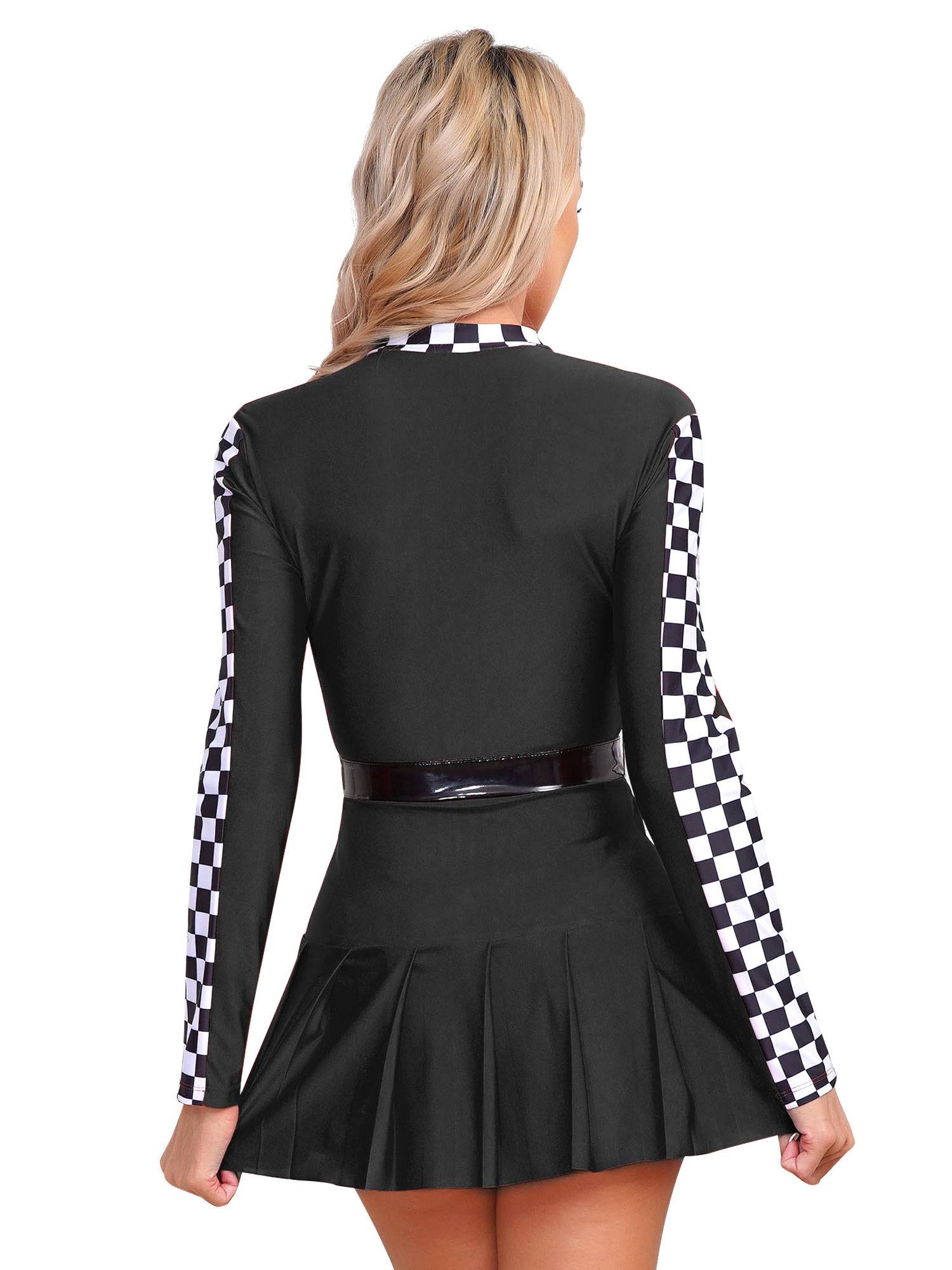Women Long Sleeve Front Zipper Checkerboard Racer Dress with Belt