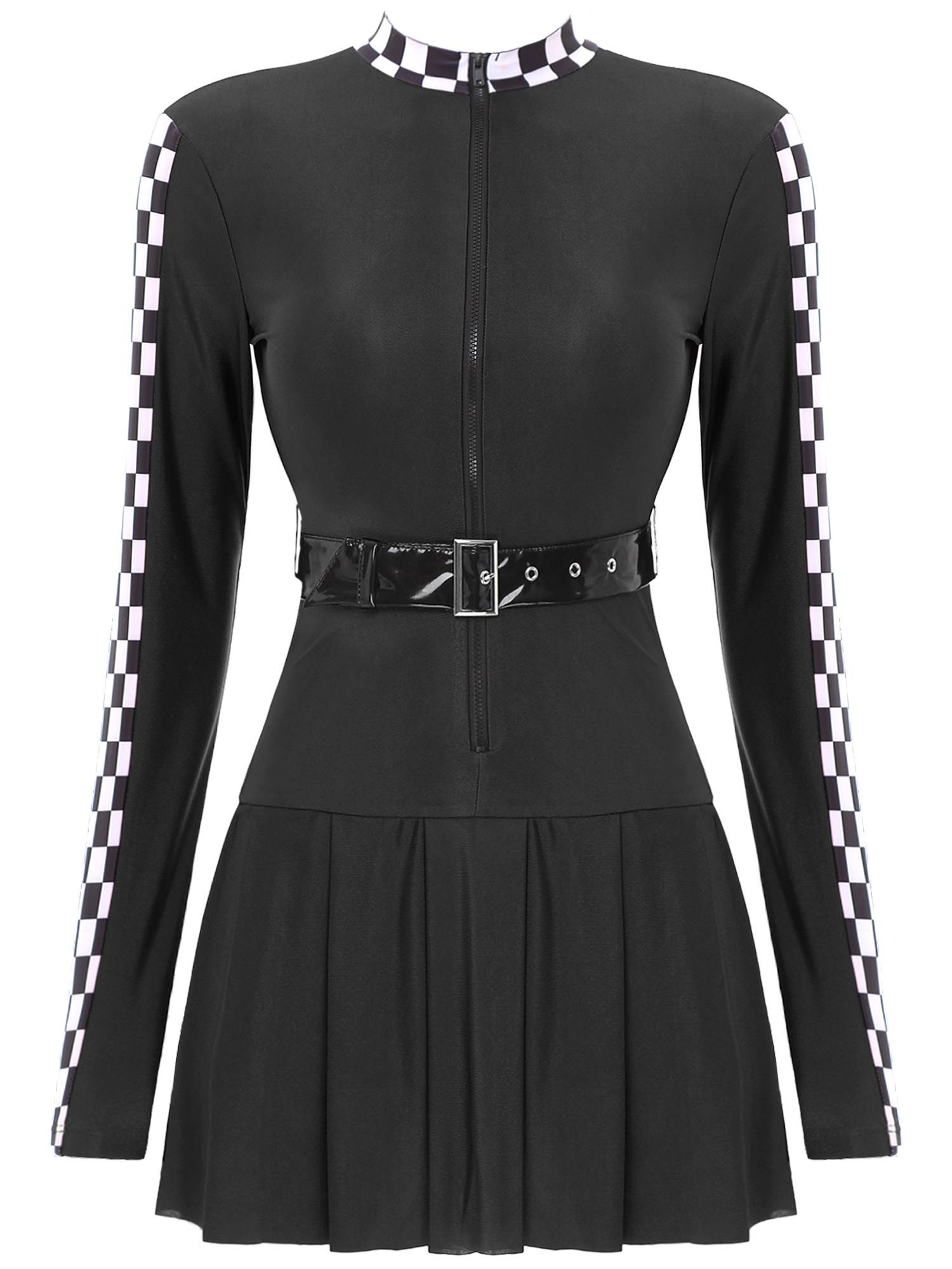 Women Long Sleeve Front Zipper Checkerboard Racer Dress with Belt
