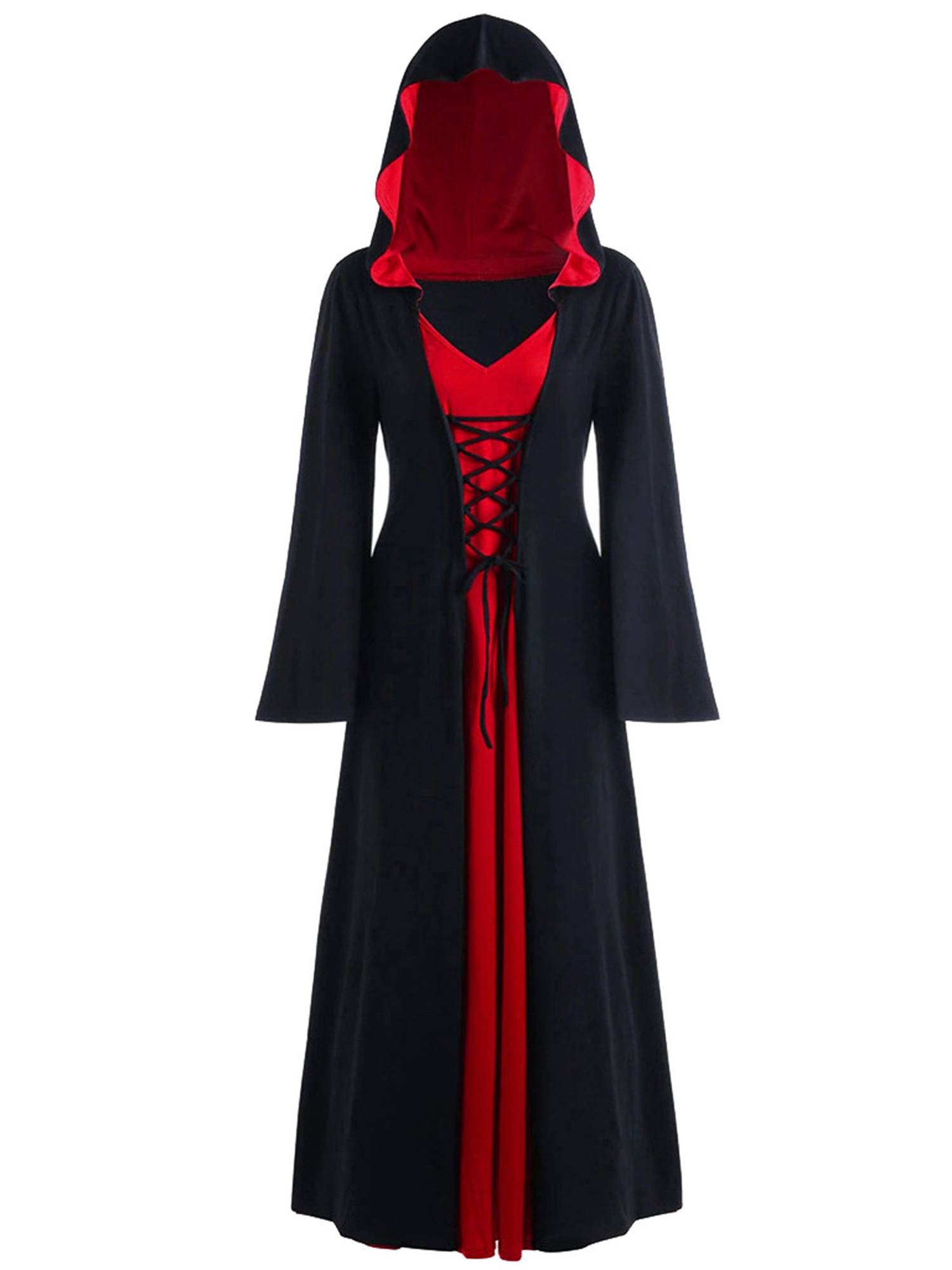 Women Lace-up V Neck Long Sleeve Hooded Dress Halloween Witch Costume