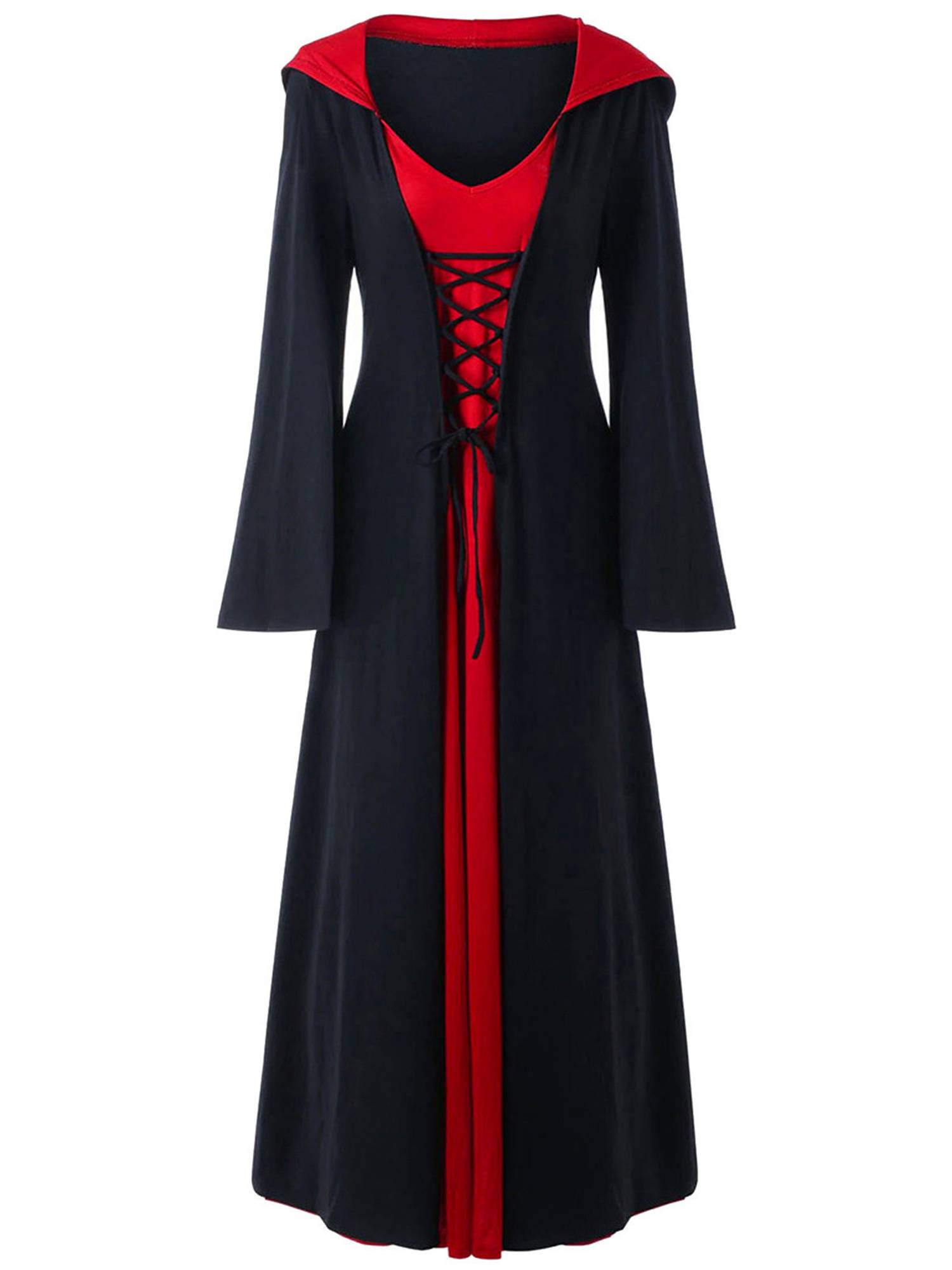 Women Lace-up V Neck Long Sleeve Hooded Dress Halloween Witch Costume