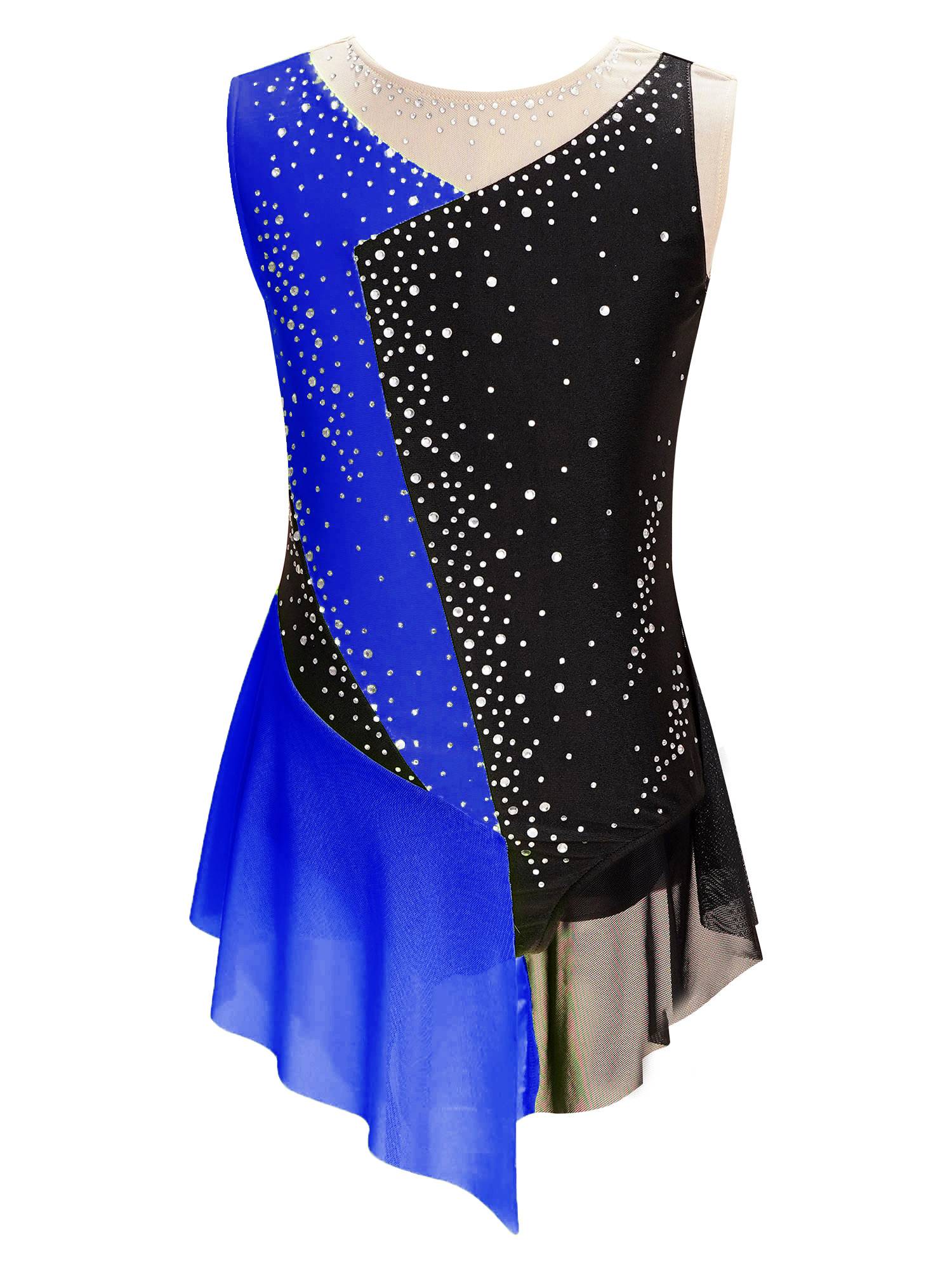 Kids Girls Sparkly Rhinestone Color Block Gymnastics Leotard