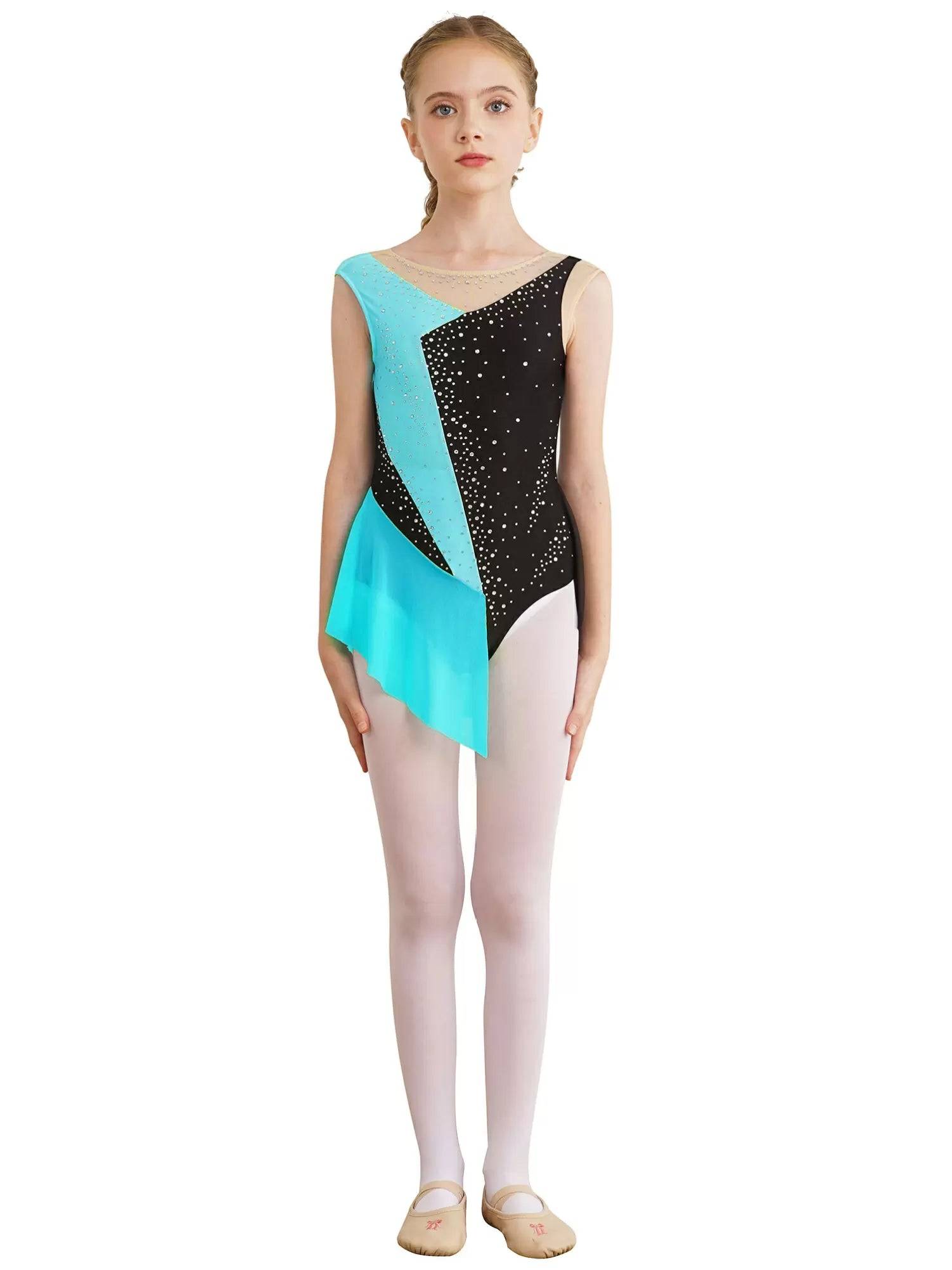 Kids Girls Sparkly Rhinestone Color Block Gymnastics Leotard