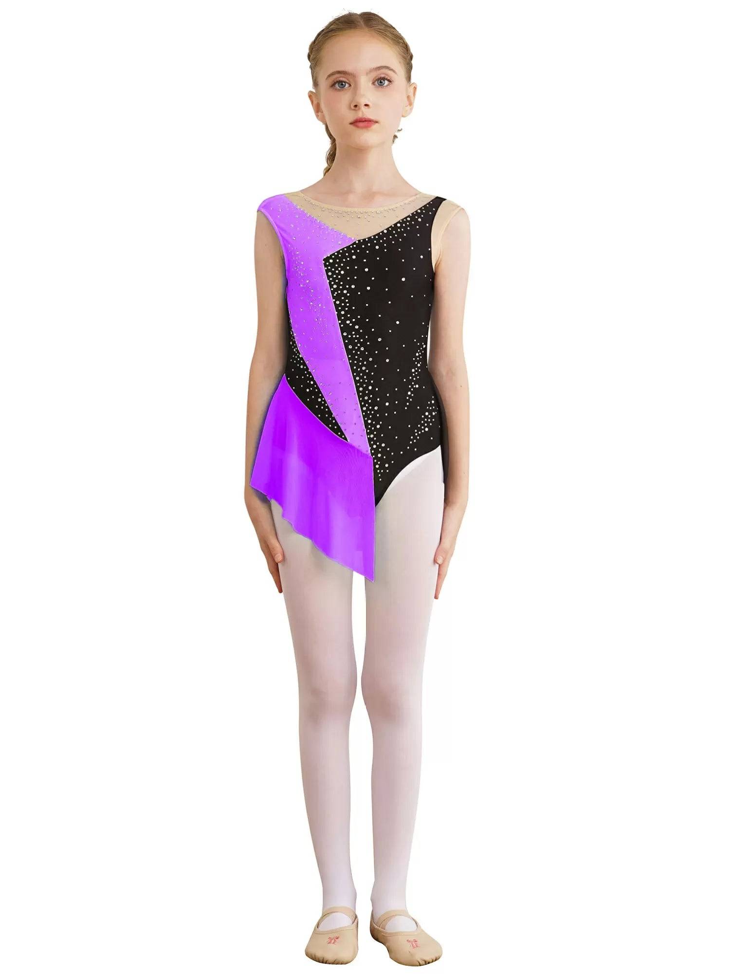 Kids Girls Sparkly Rhinestone Color Block Gymnastics Leotard