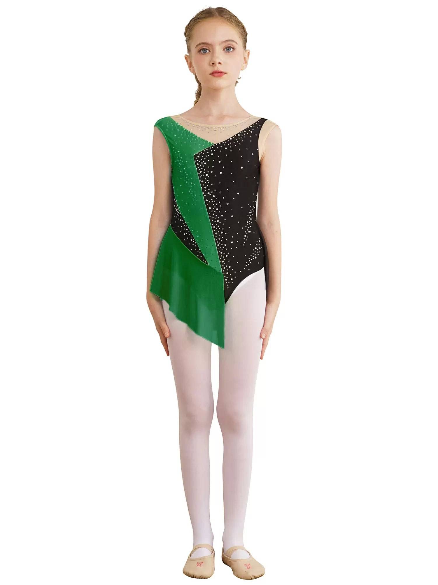 Kids Girls Sparkly Rhinestone Color Block Gymnastics Leotard