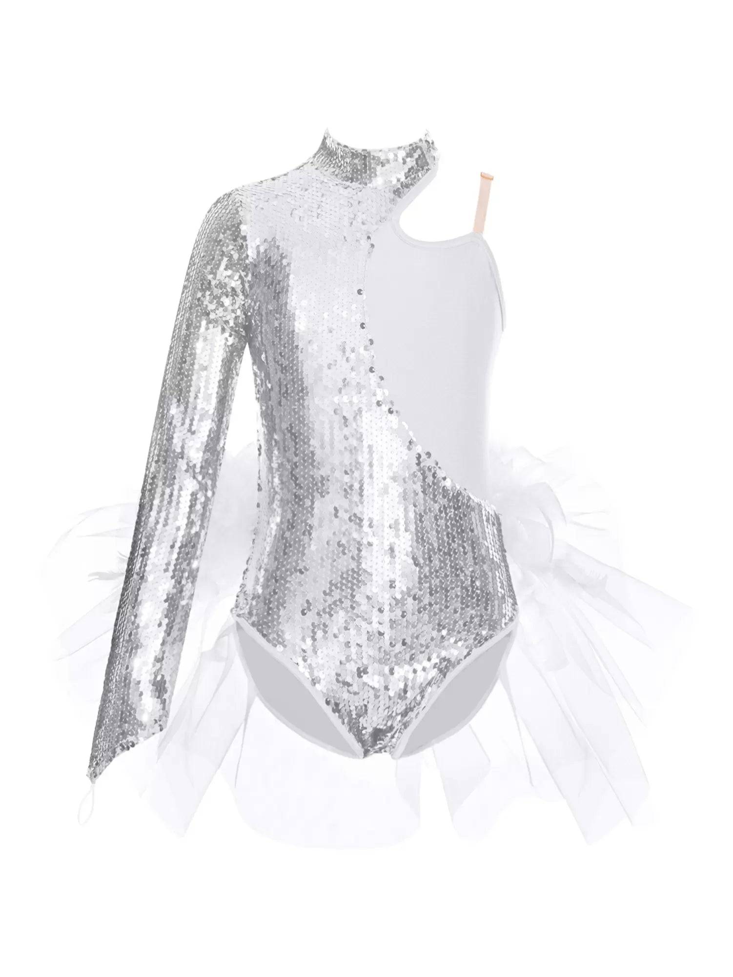 Kids Girls Sparkly Sequins Long Sleeve Jazz Dance Leotard