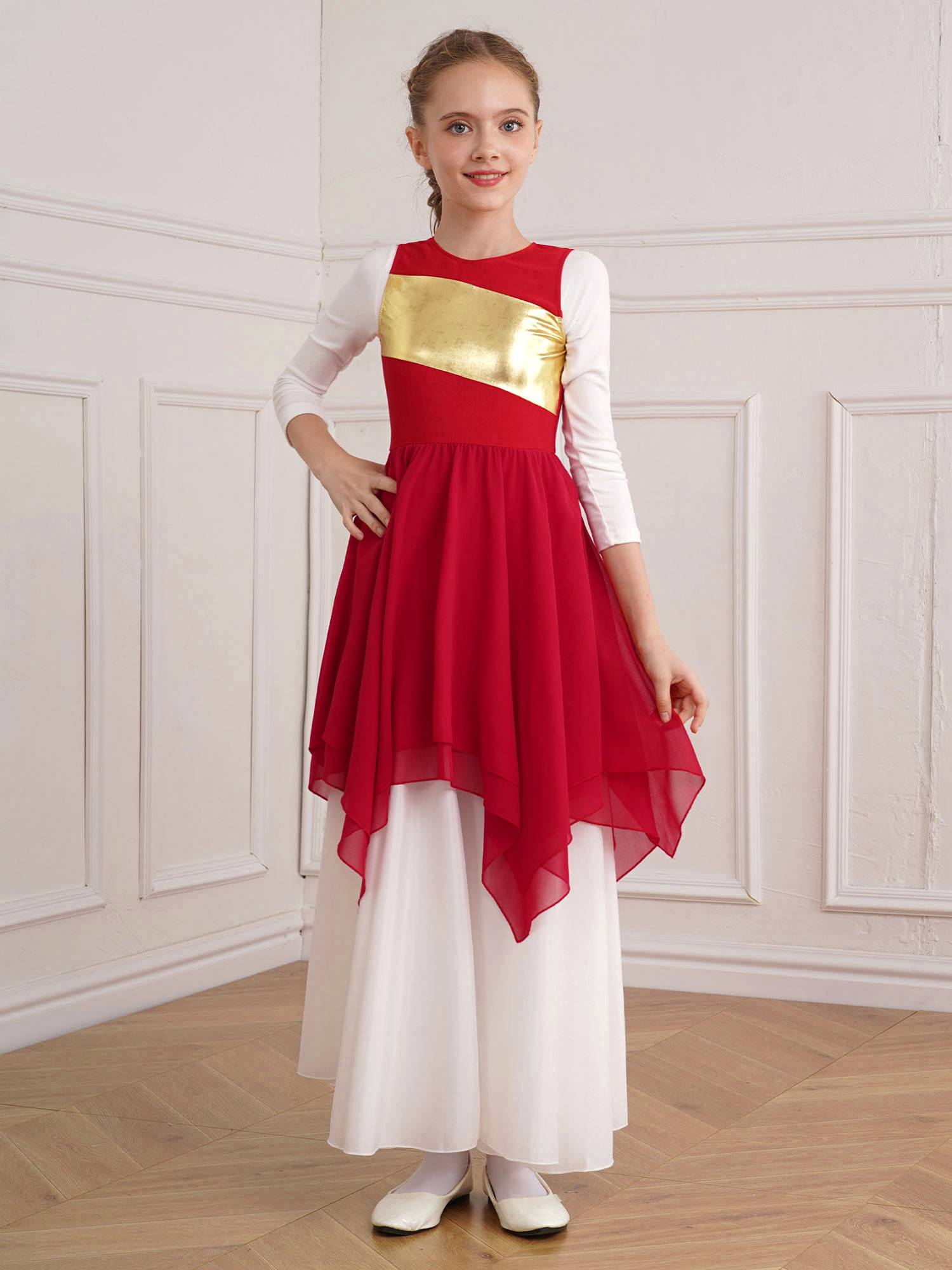 Kids Girls Sleeveless Metallic Asymmetrical Praise Dance Dress Tunic