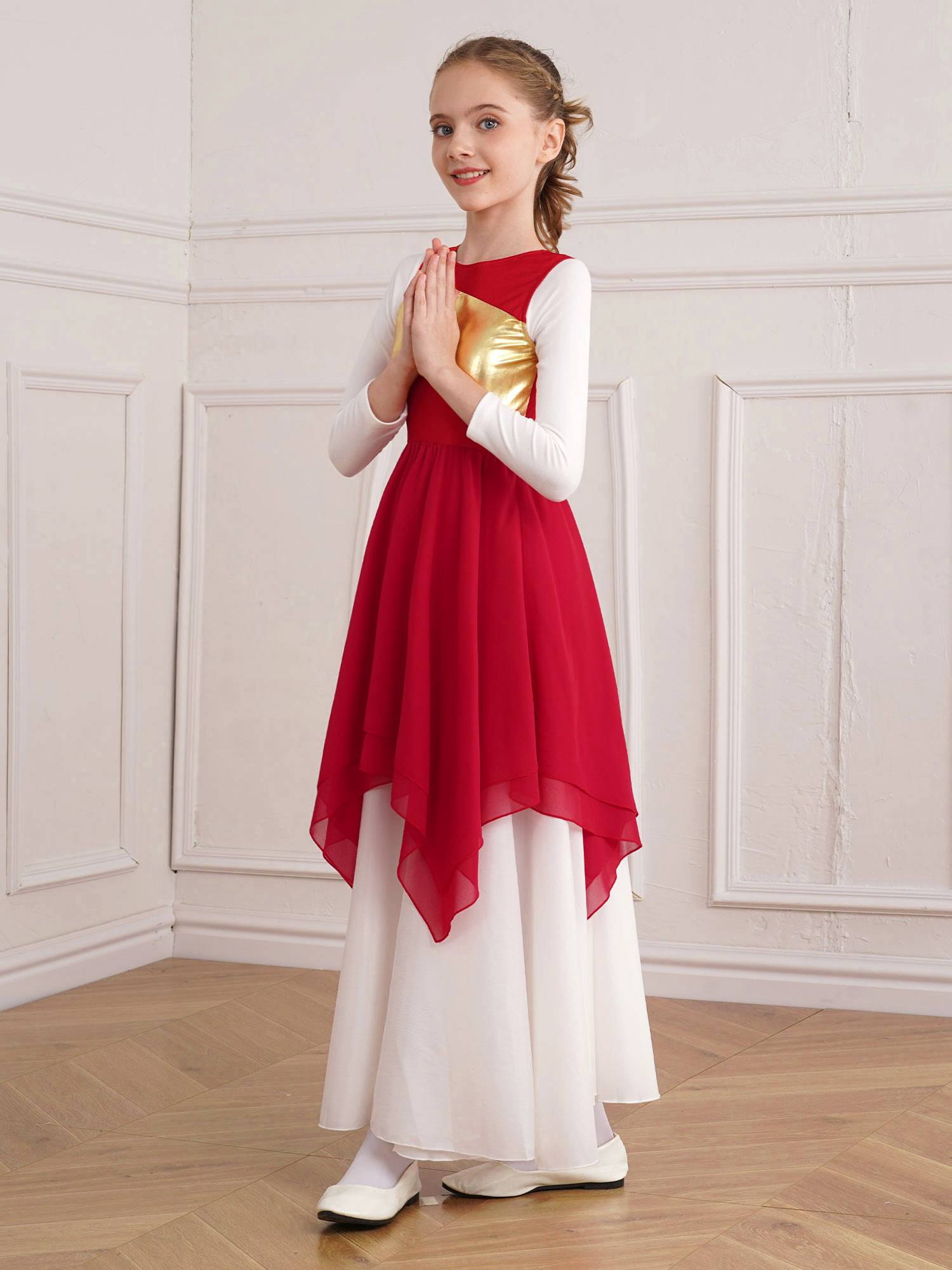 Kids Girls Sleeveless Metallic Asymmetrical Praise Dance Dress Tunic