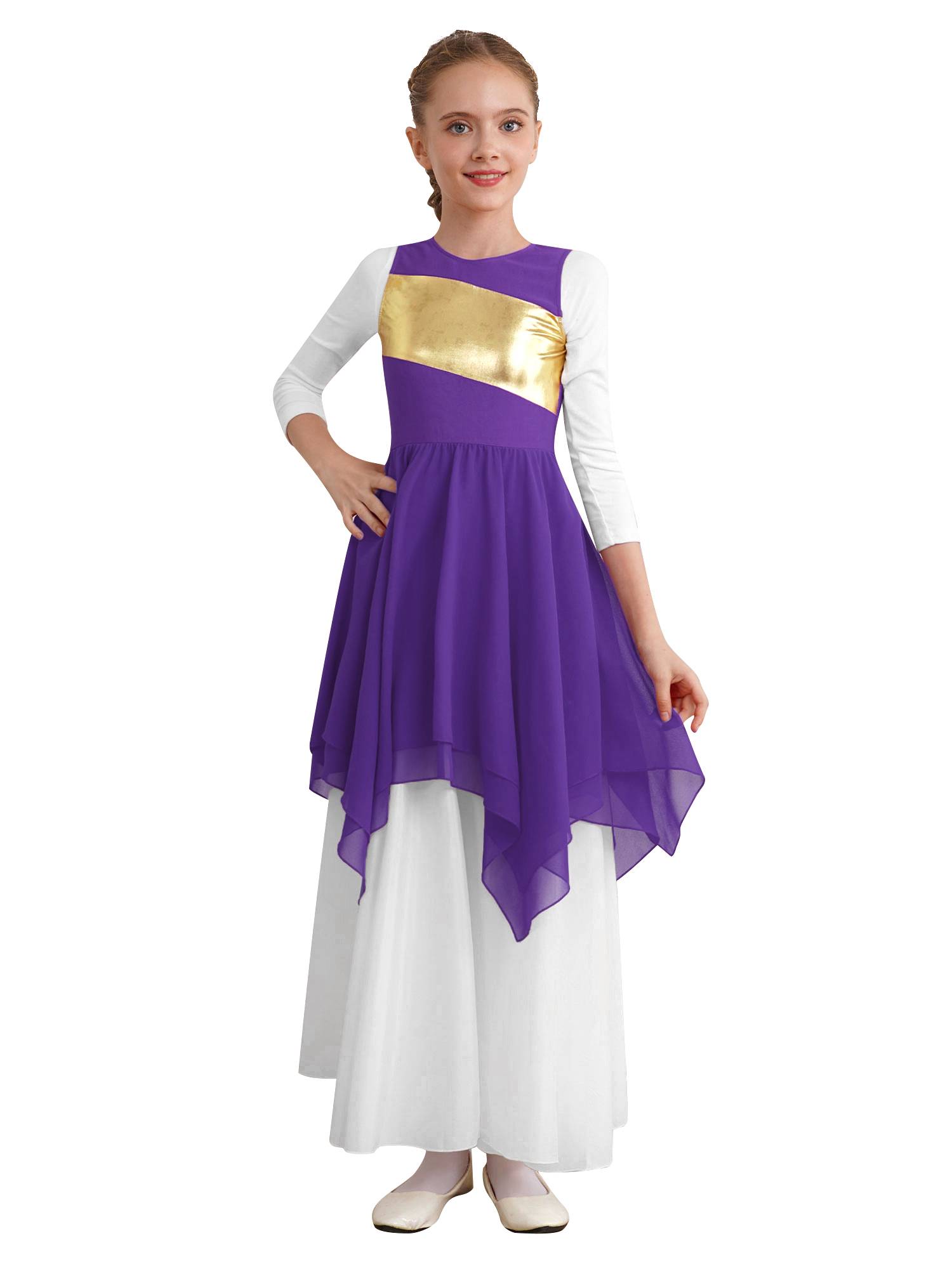 Kids Girls Sleeveless Metallic Asymmetrical Praise Dance Dress Tunic