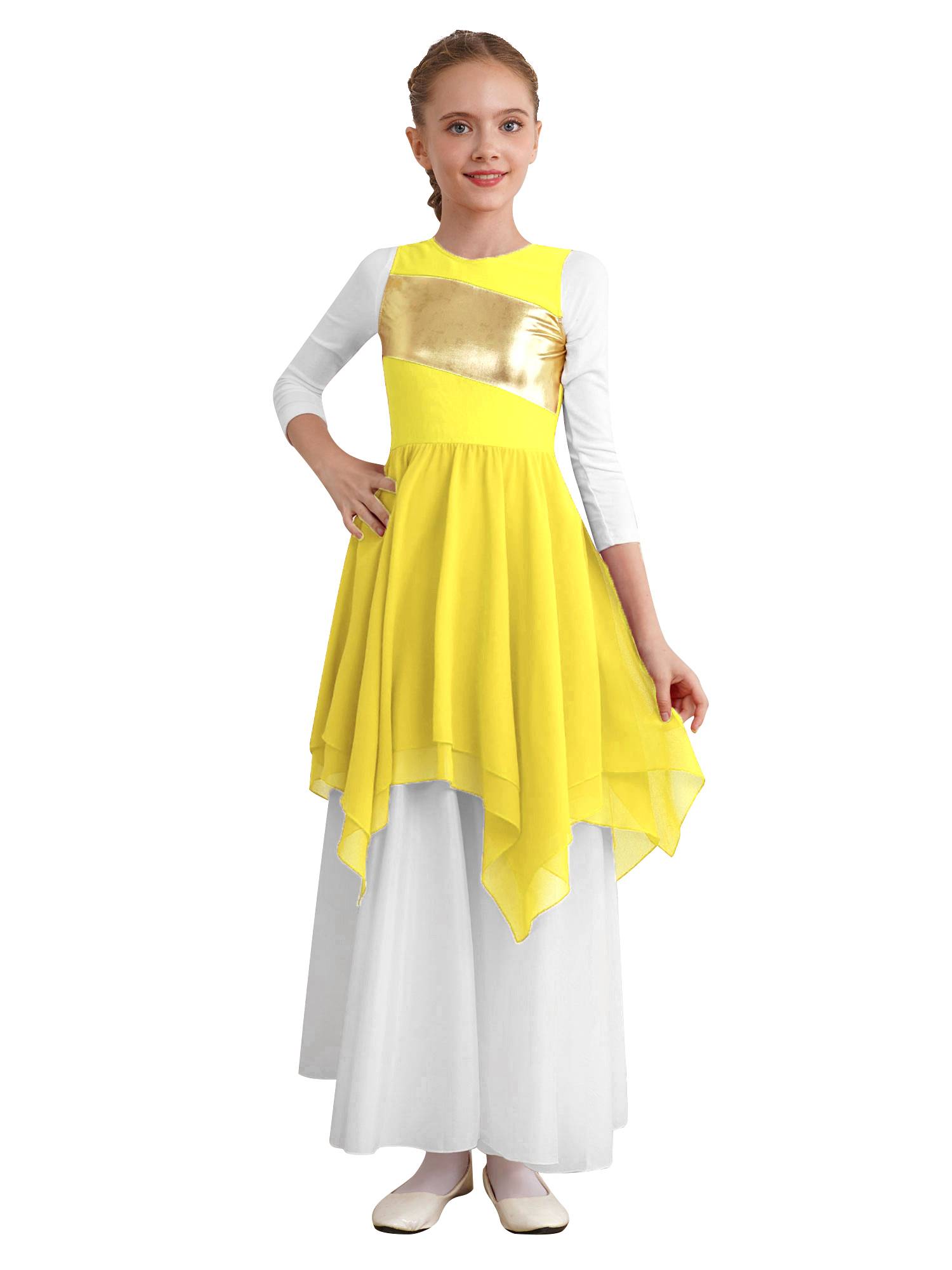 Kids Girls Sleeveless Metallic Asymmetrical Praise Dance Dress Tunic
