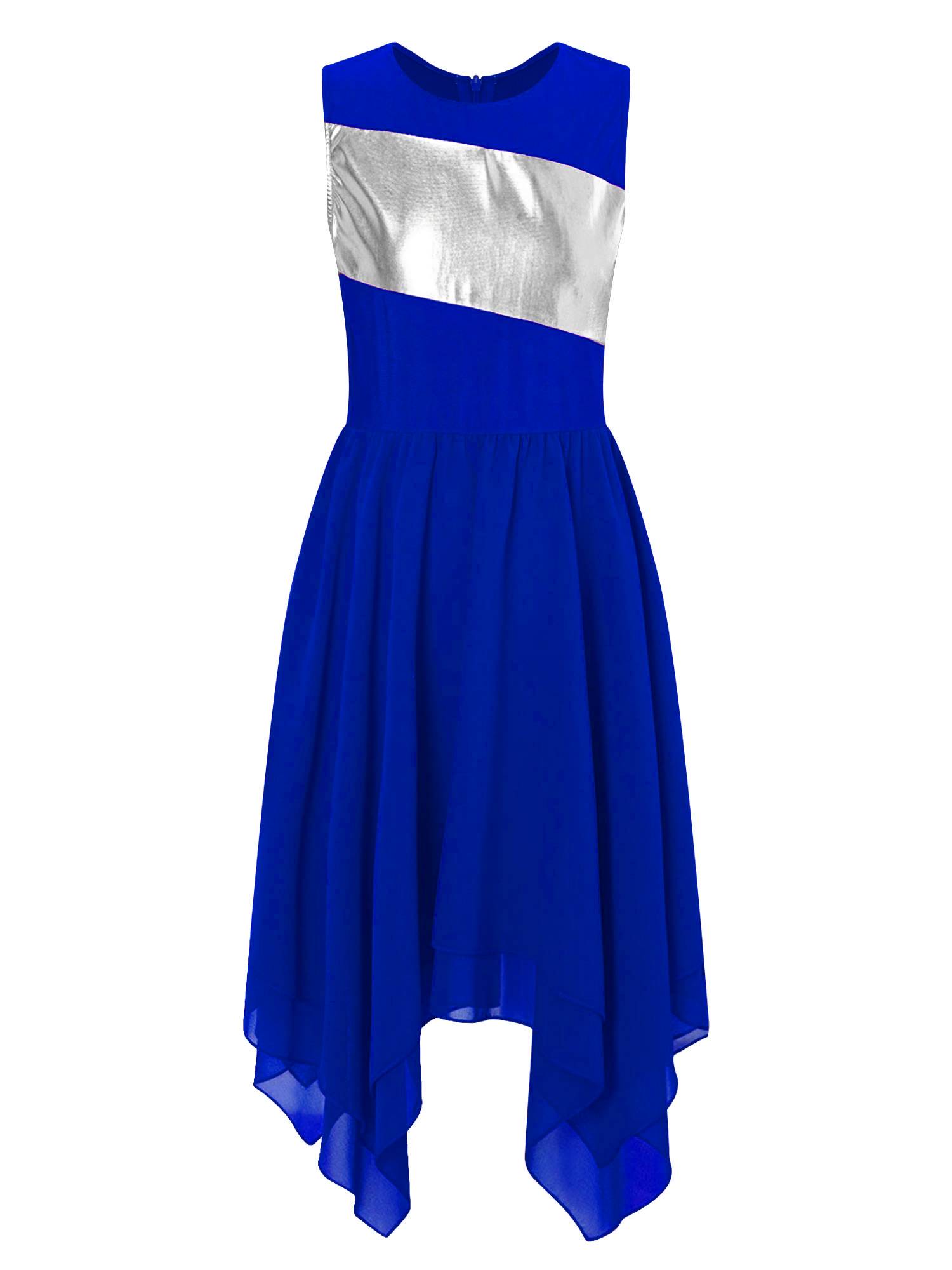 Kids Girls Sleeveless Metallic Asymmetrical Praise Dance Dress Tunic