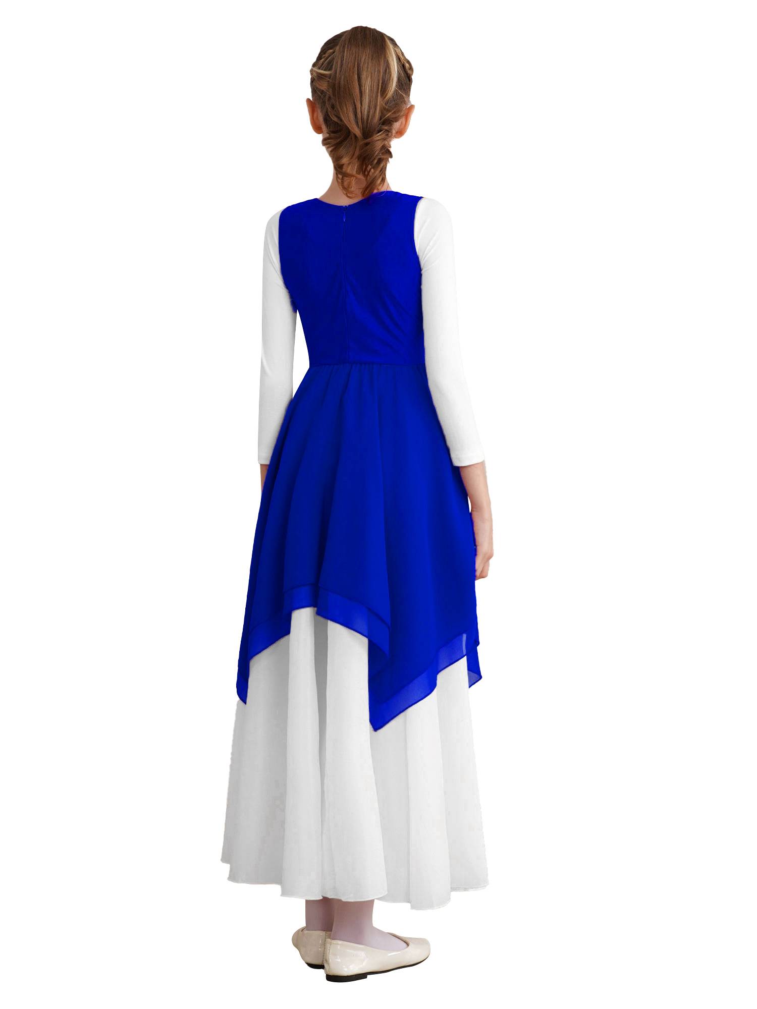 Kids Girls Sleeveless Metallic Asymmetrical Praise Dance Dress Tunic