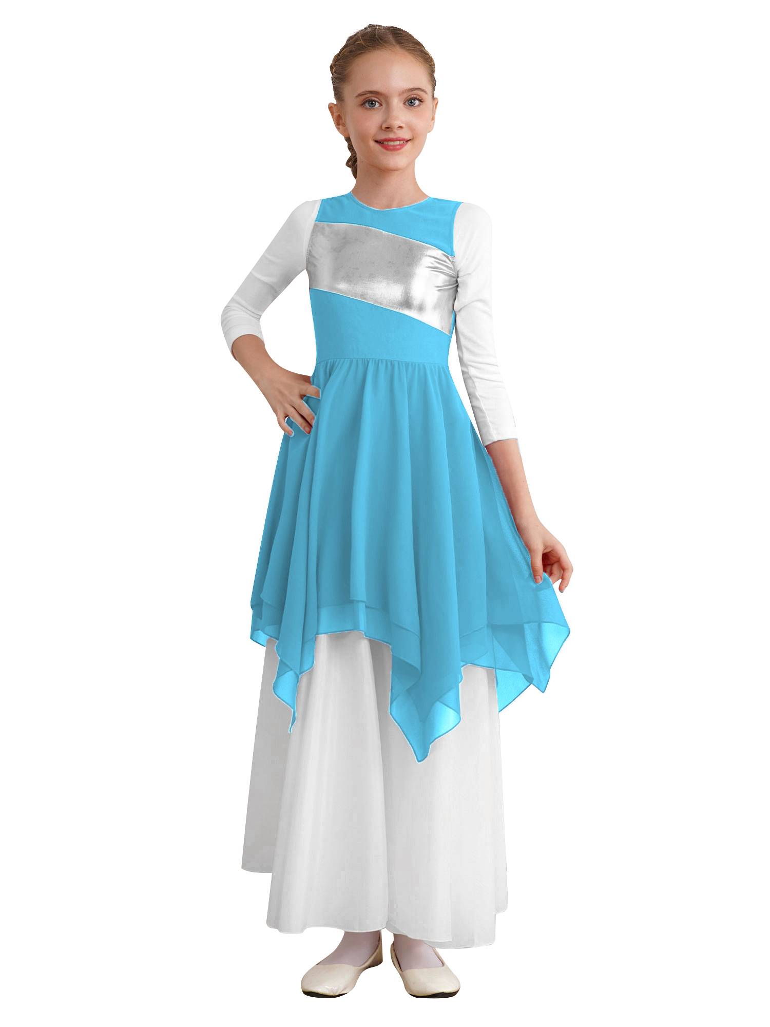 Kids Girls Sleeveless Metallic Asymmetrical Praise Dance Dress Tunic