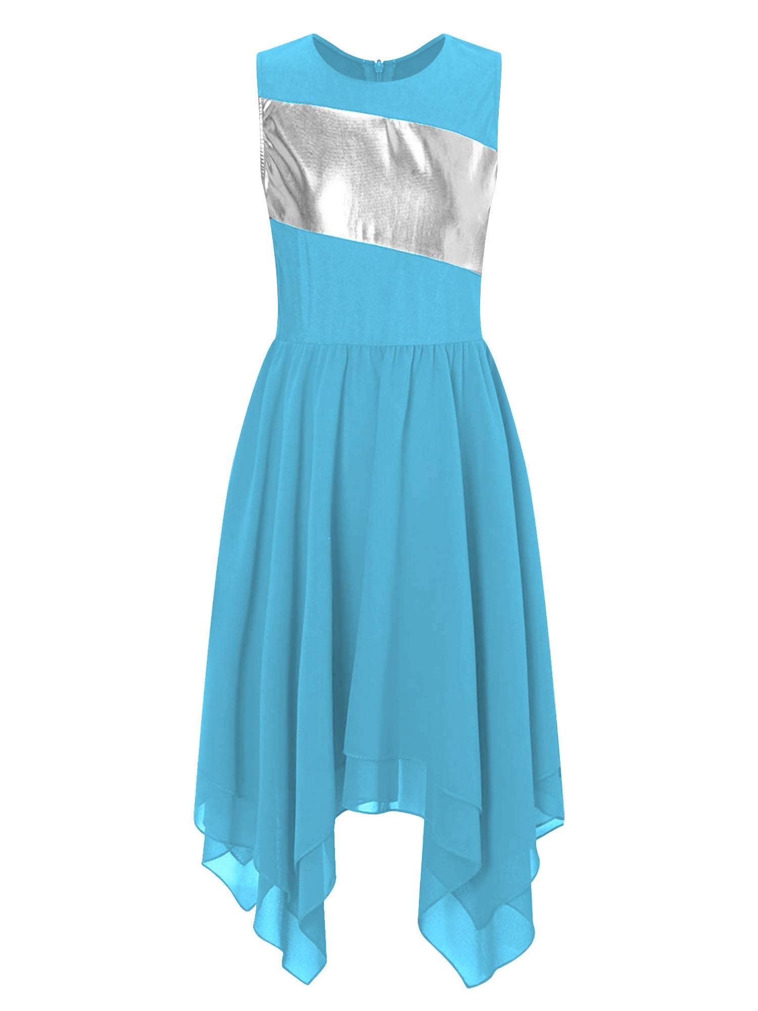 Kids Girls Sleeveless Metallic Asymmetrical Praise Dance Dress Tunic