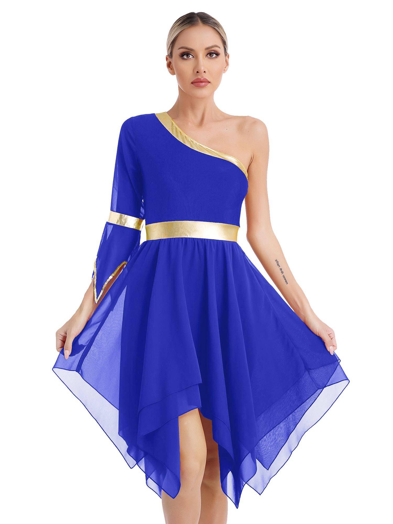 Women One Shoulder Worship Praise Dance Dress(white shirt not include)