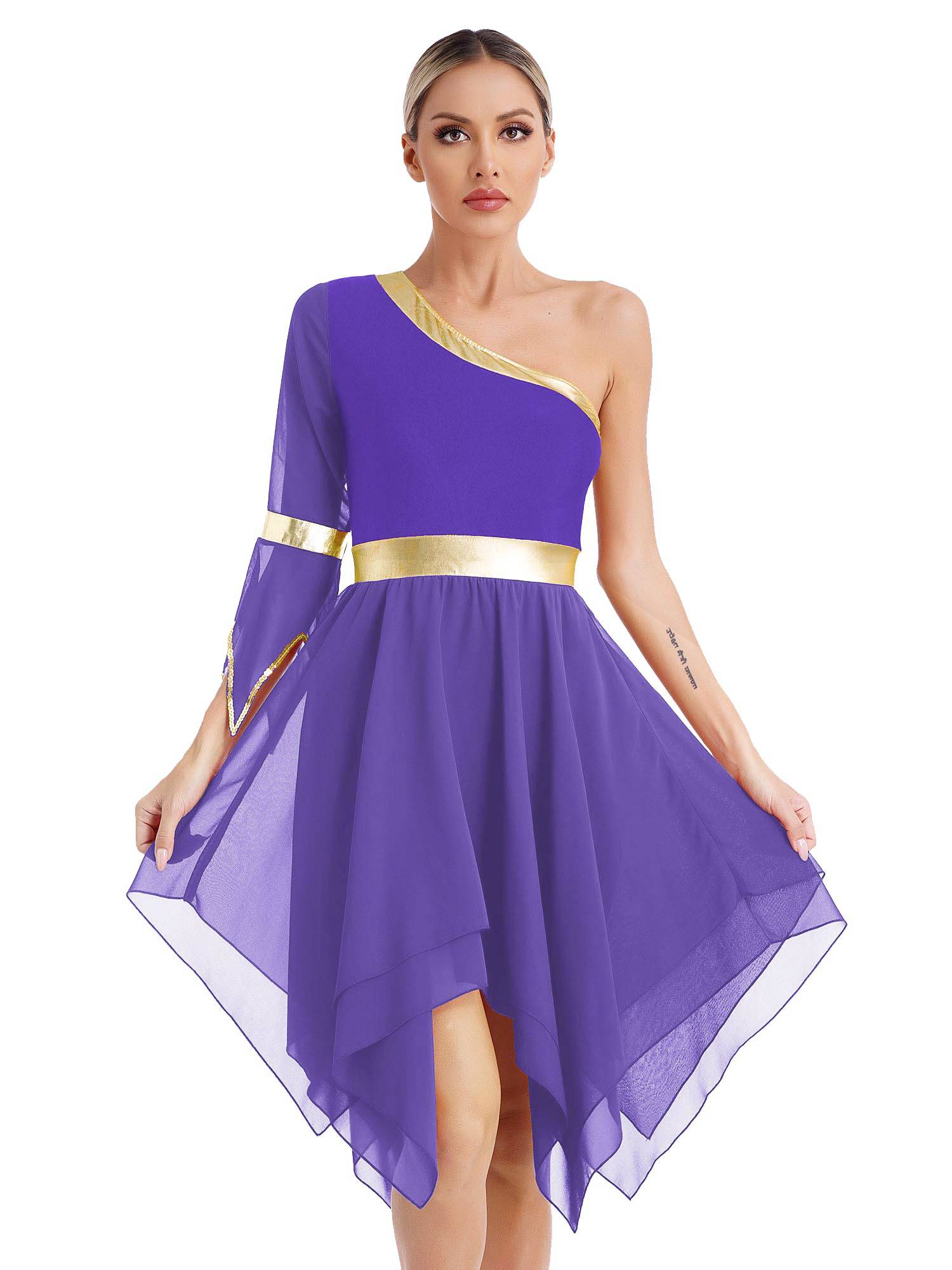 Women One Shoulder Worship Praise Dance Dress(white shirt not include)