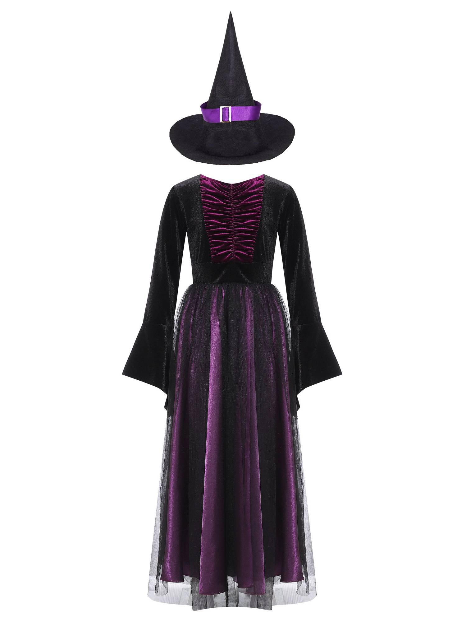 Kids Girls Long Sleeve A-line Halloween Witch Cosplay Dress with Hat