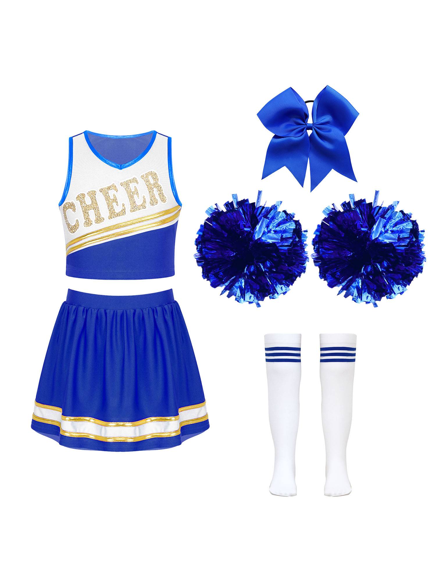 Kids Girls 7pcs Sleeveless Letter Print Crop Top and Skirt Cheerleading Set