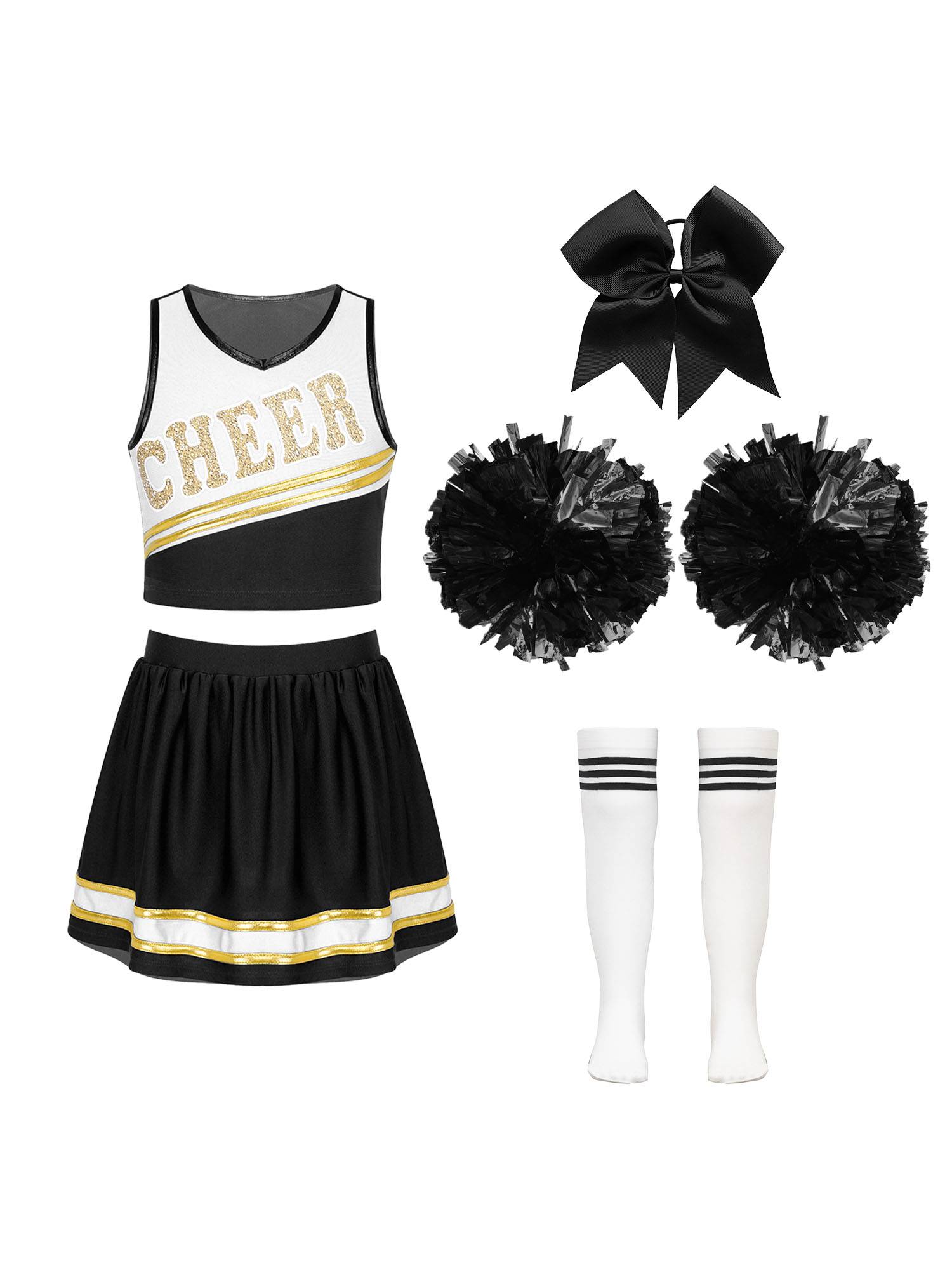 Kids Girls 7pcs Sleeveless Letter Print Crop Top and Skirt Cheerleading Set