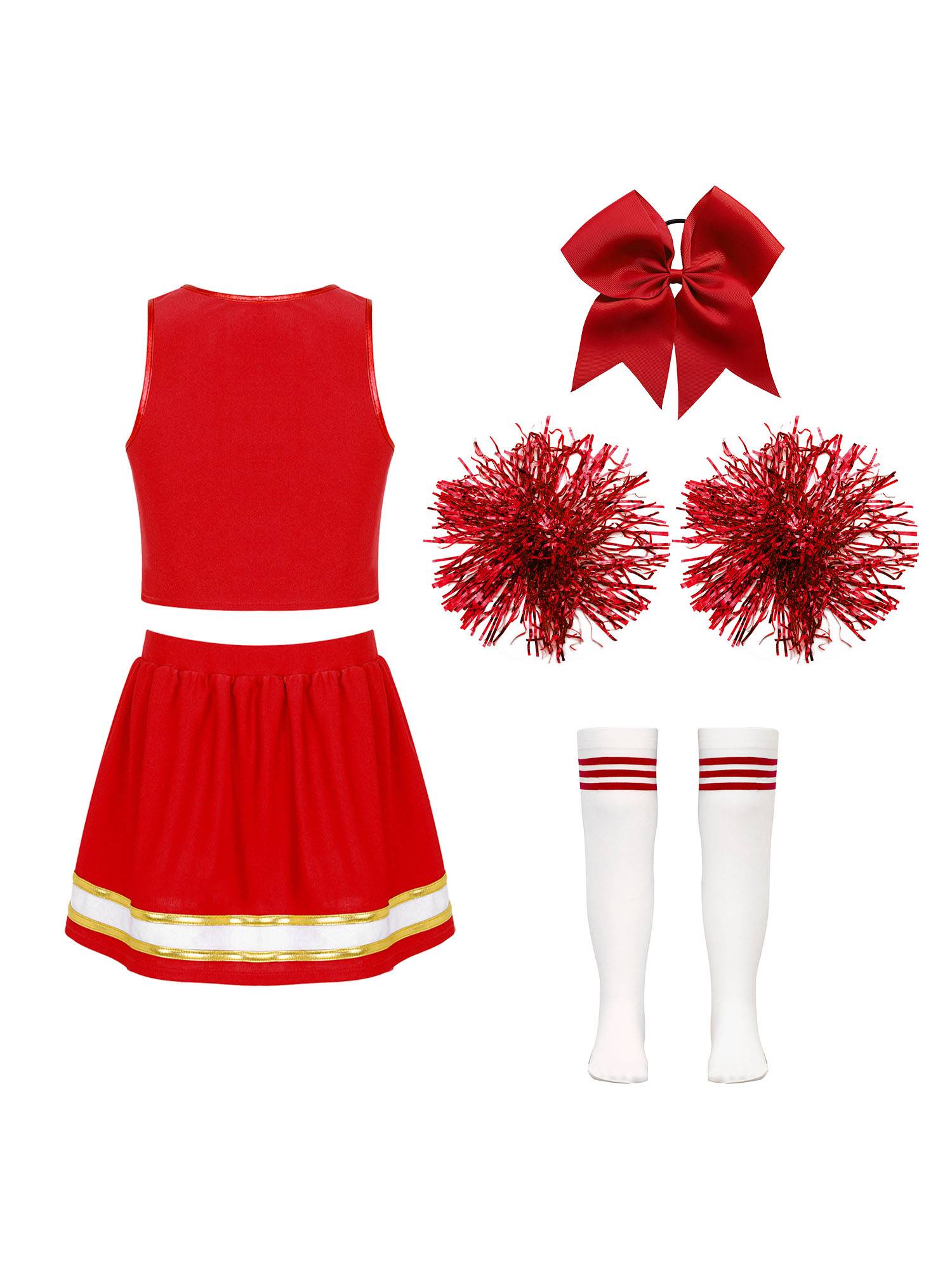 Kids Girls 7pcs Sleeveless Letter Print Crop Top and Skirt Cheerleading Set