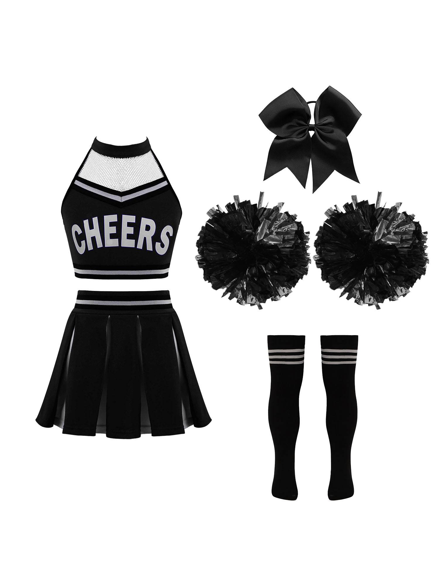 Kids Girls Halter Neck Letter Print Crop Top and Pleated Skirt Cheerleading Set