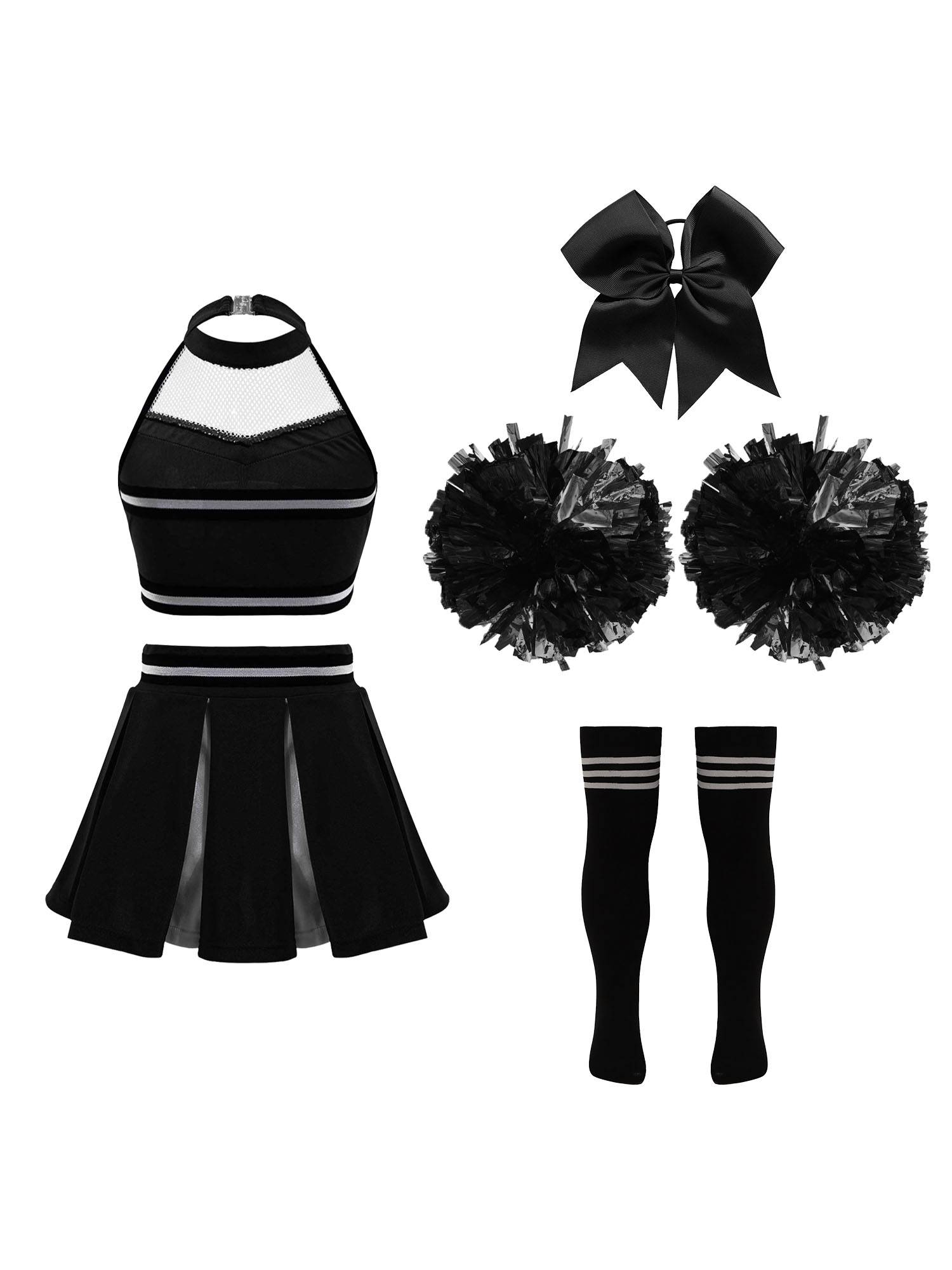 Kids Girls Halter Neck Letter Print Crop Top and Pleated Skirt Cheerleading Set