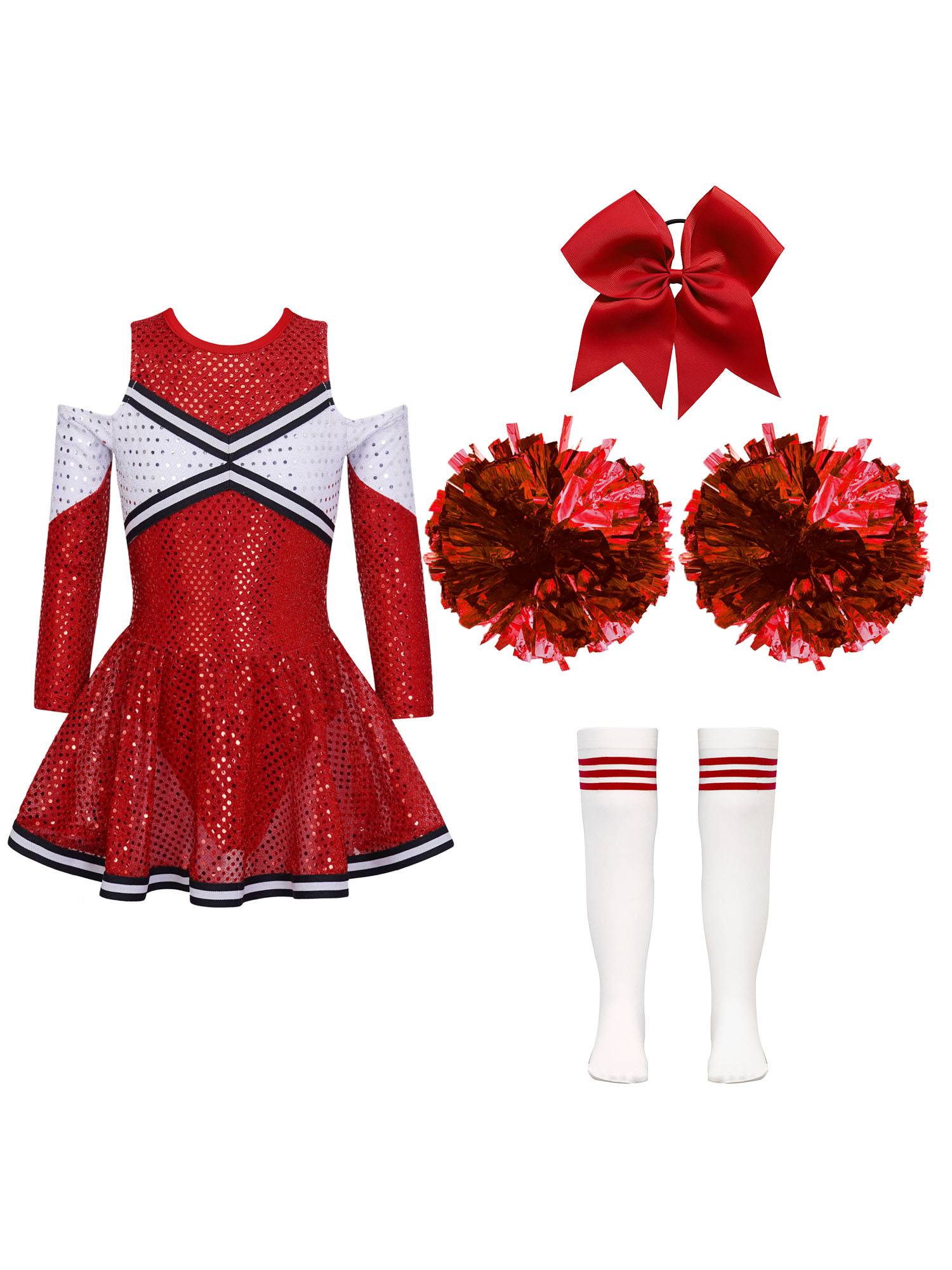 Kids Girls Long Sleeve Off-Shoulder Sequins Cheerleading Dress with Socks
