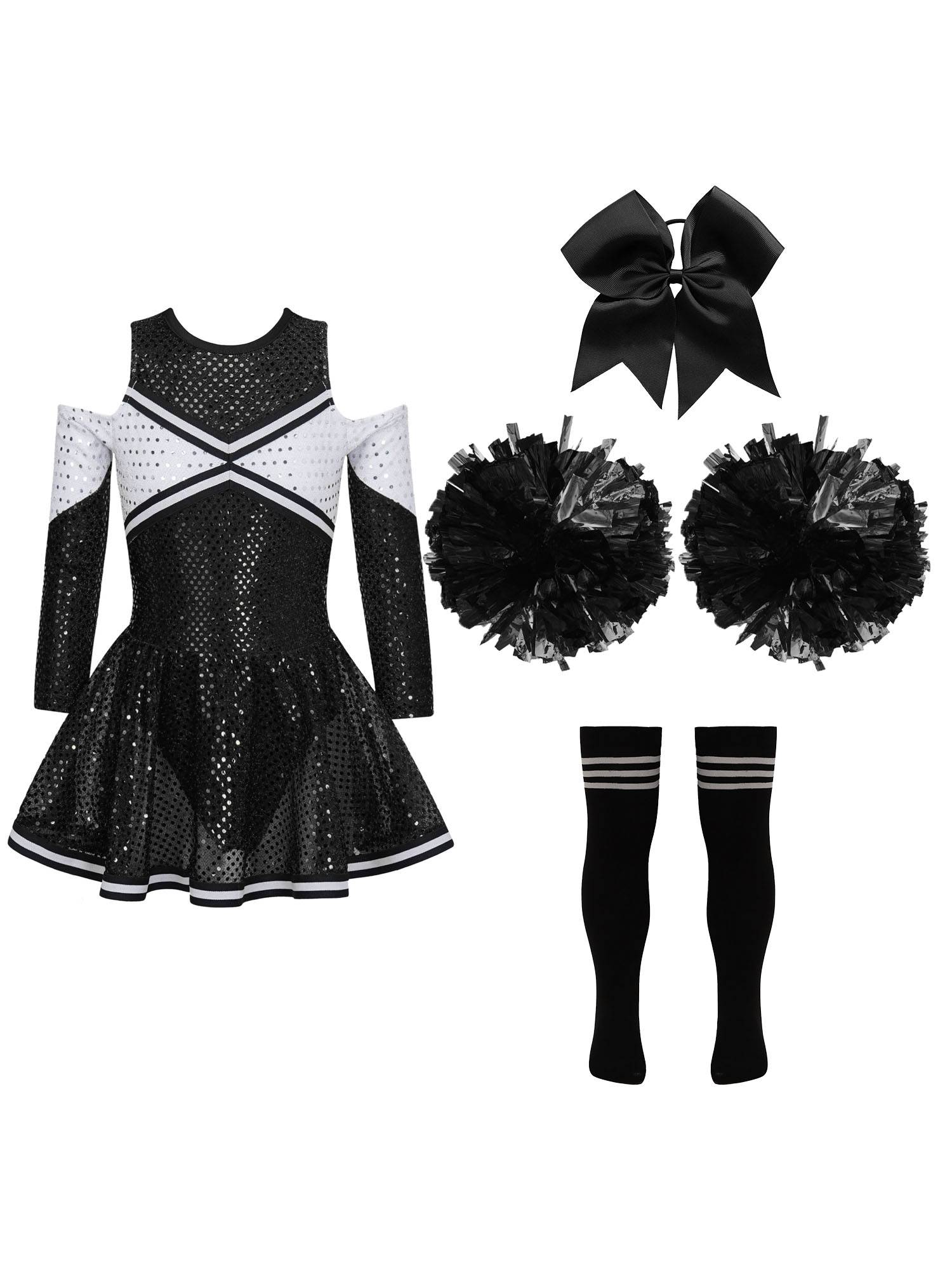 Kids Girls Long Sleeve Off-Shoulder Sequins Cheerleading Dress with Socks