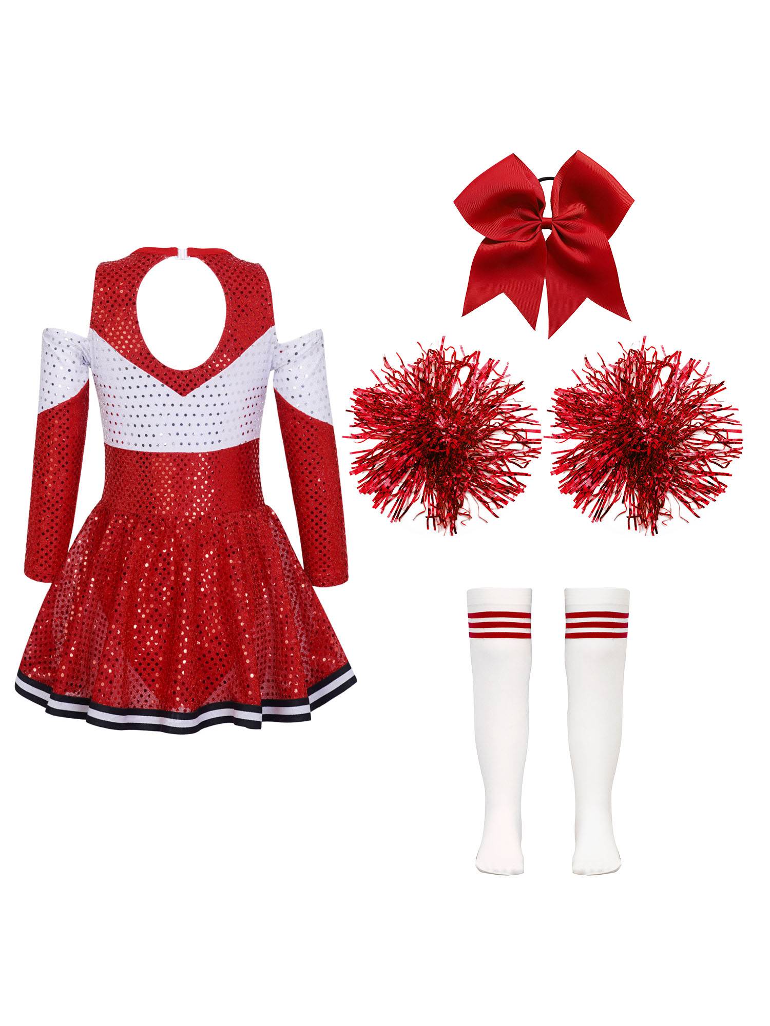 Kids Girls Long Sleeve Off-Shoulder Sequins Cheerleading Dress with Socks