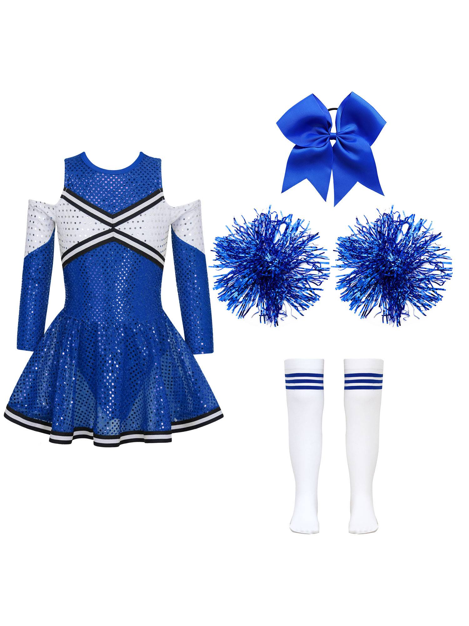 Kids Girls Long Sleeve Off-Shoulder Sequins Cheerleading Dress with Socks