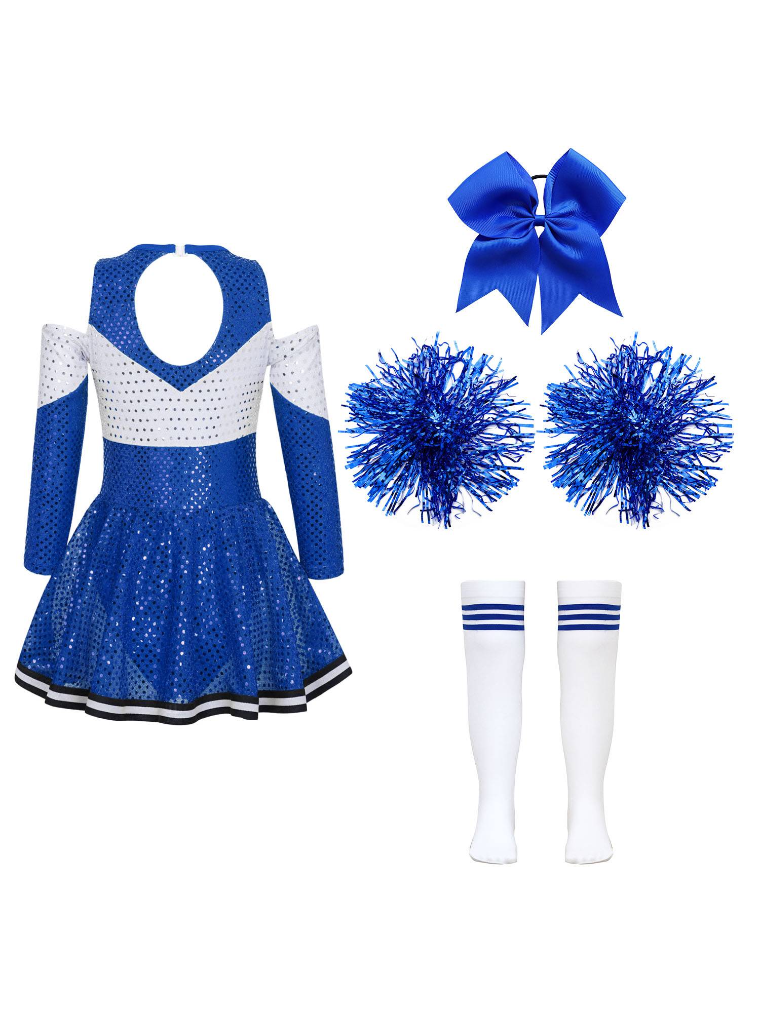 Kids Girls Long Sleeve Off-Shoulder Sequins Cheerleading Dress with Socks