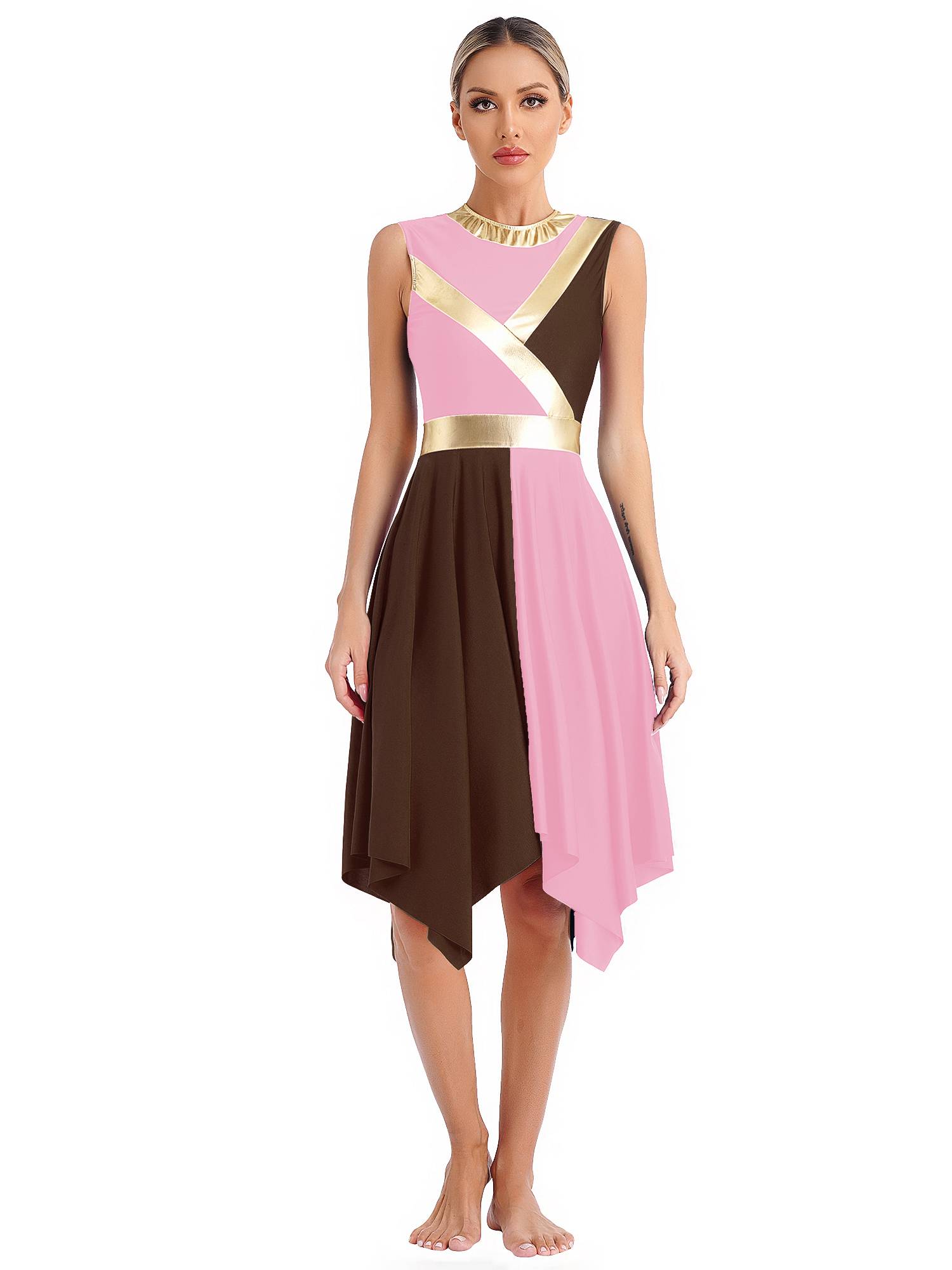 Women Sleeveless Metallic Color Block Liturgical Dance Dress