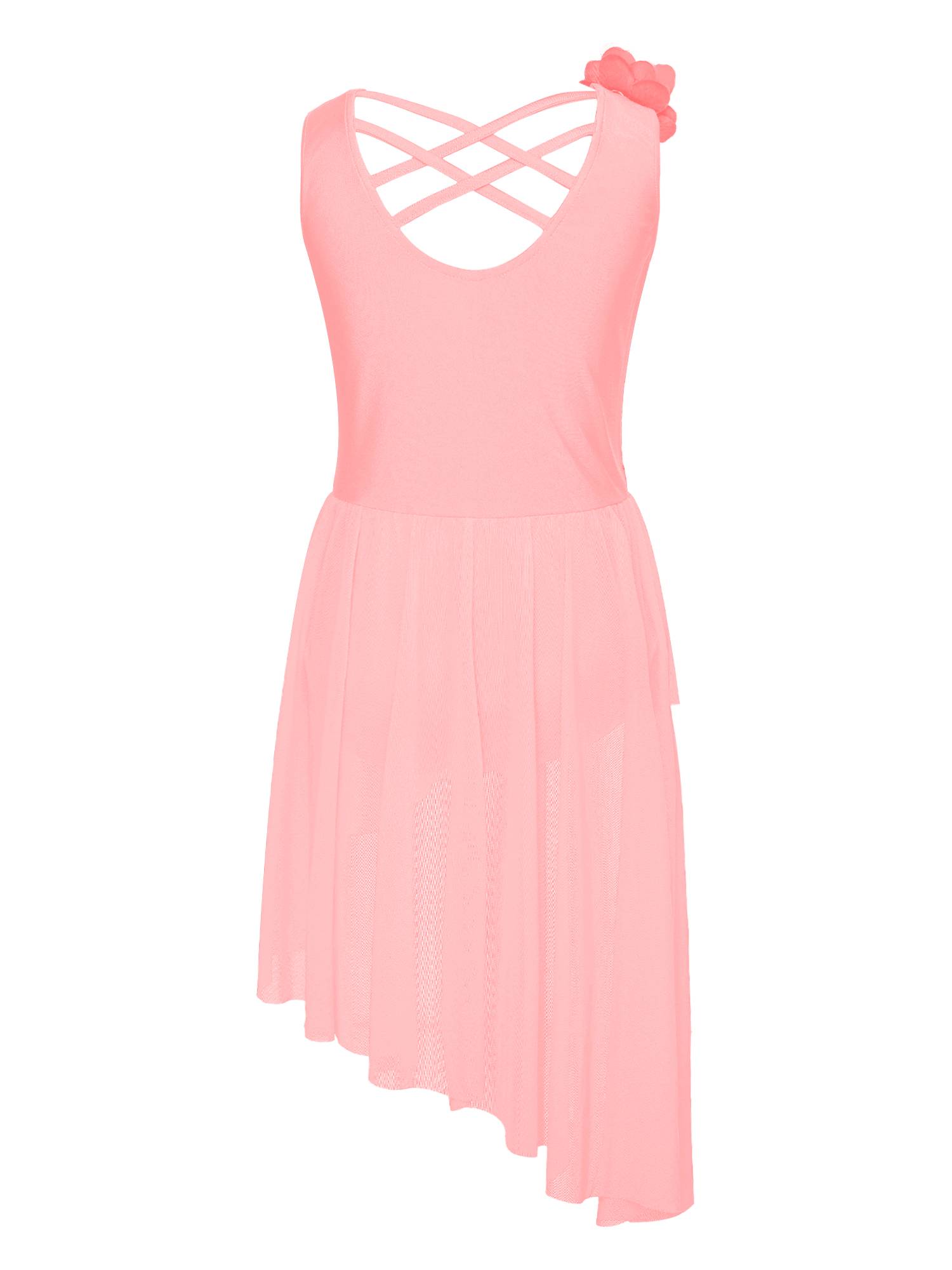 Kids Girls Sleeveless Sequins Mesh Asymmetrical Lyrical Dance Leotard Dress