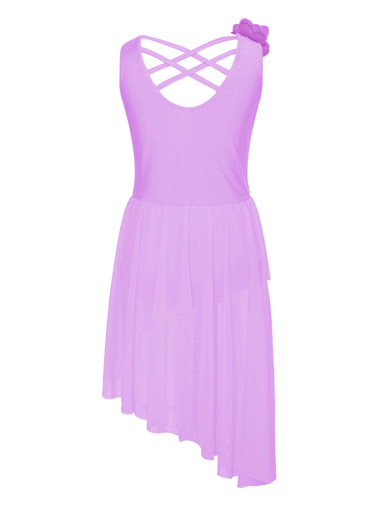 Kids Girls Sleeveless Sequins Mesh Asymmetrical Lyrical Dance Leotard Dress