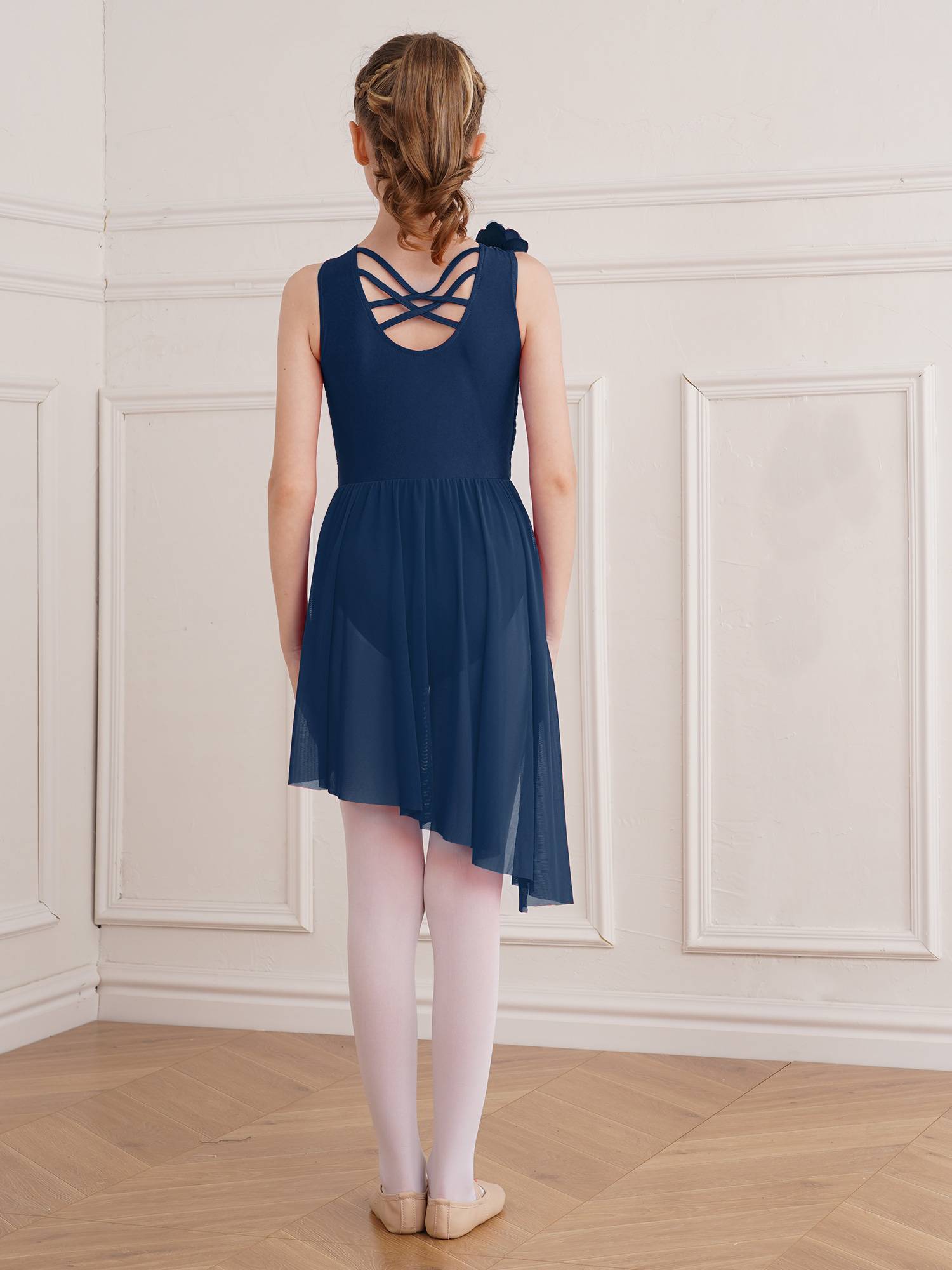 Kids Girls Sleeveless Sequins Mesh Asymmetrical Lyrical Dance Leotard Dress