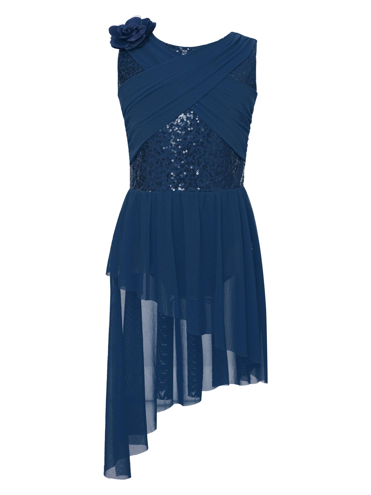 Kids Girls Sleeveless Sequins Mesh Asymmetrical Lyrical Dance Leotard Dress