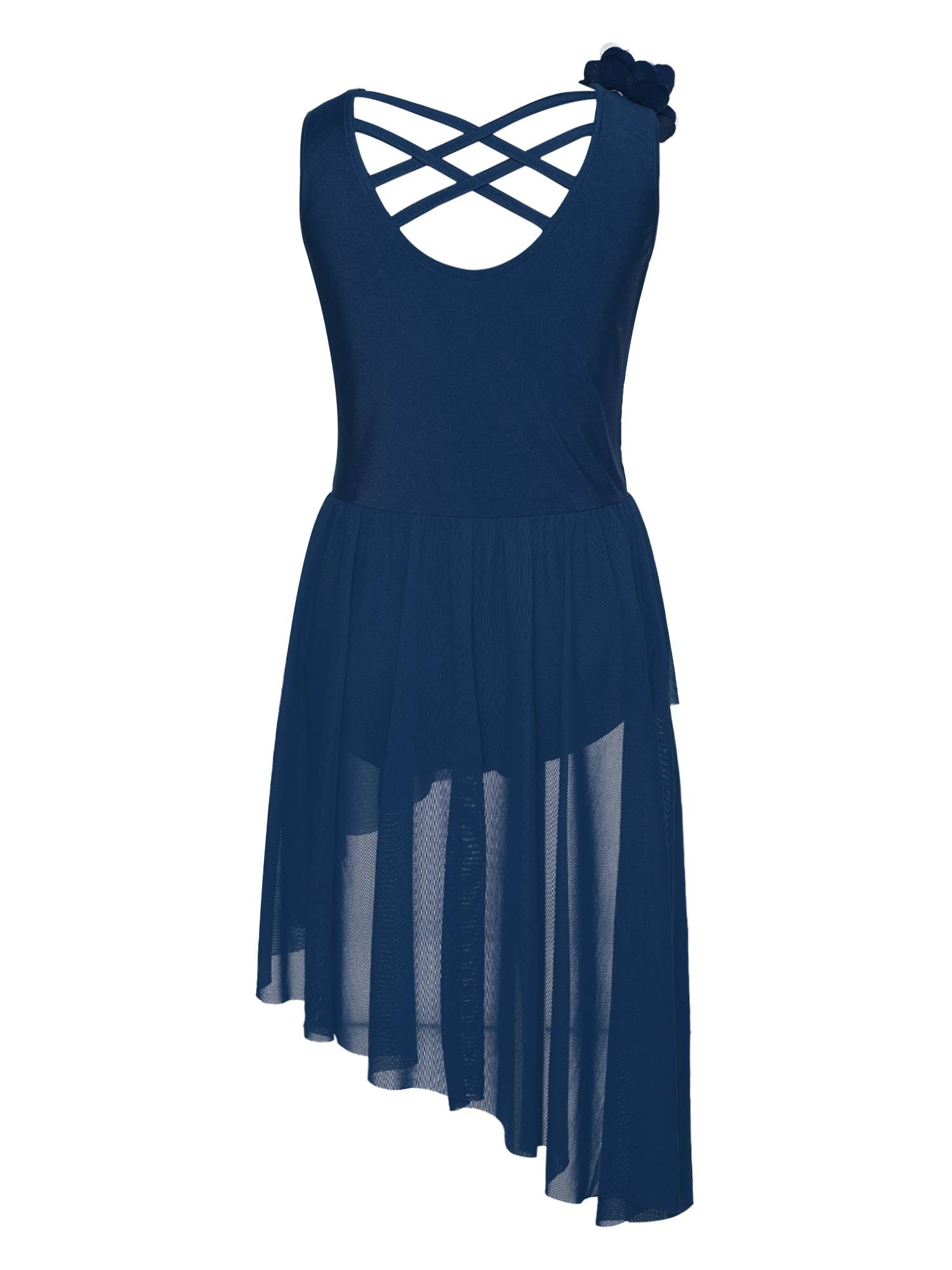 Kids Girls Sleeveless Sequins Mesh Asymmetrical Lyrical Dance Leotard Dress