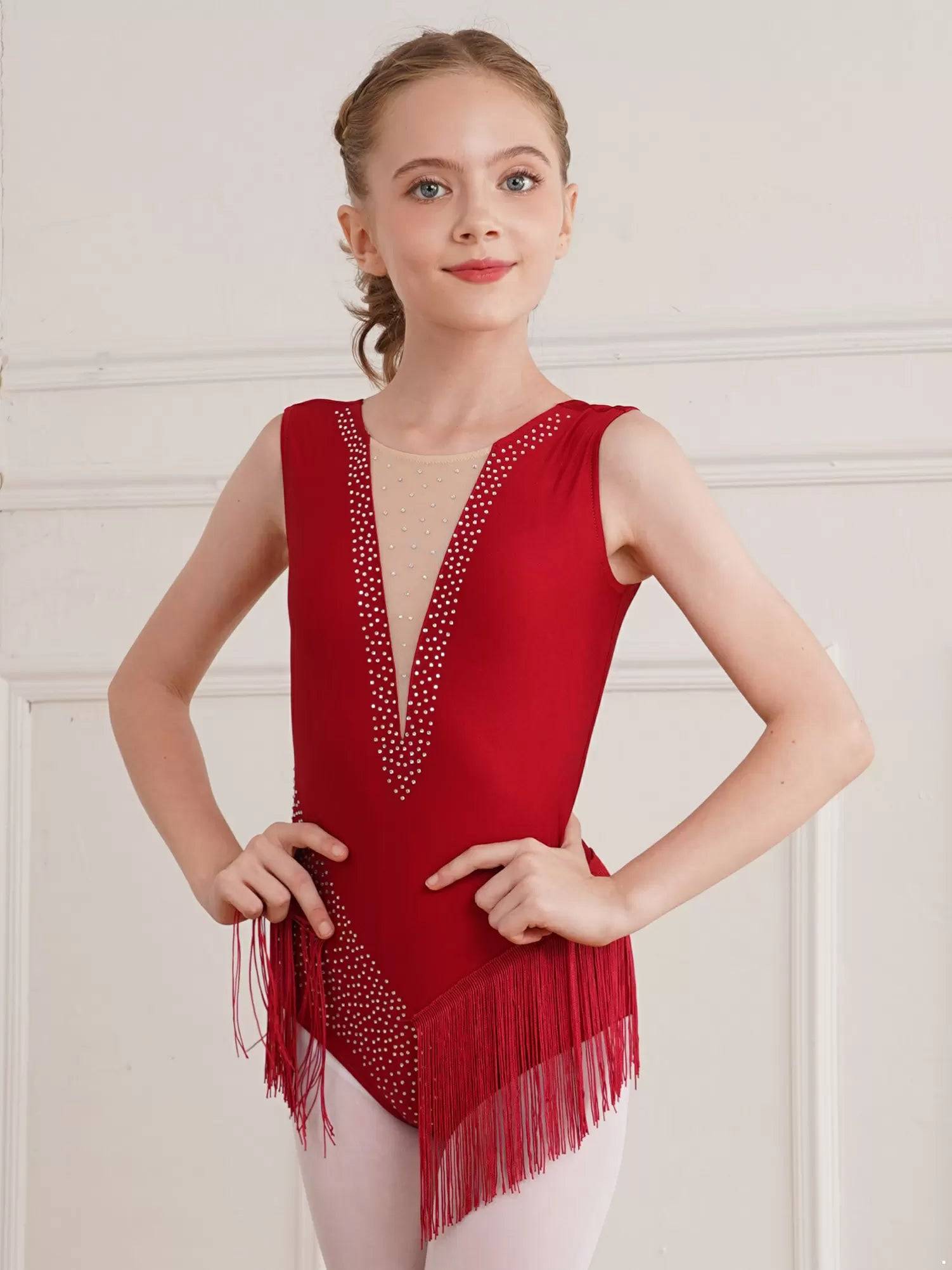 Kids Girls Sleeveless Rhinestones Tassel Rhythmic Gymnastics Leotard