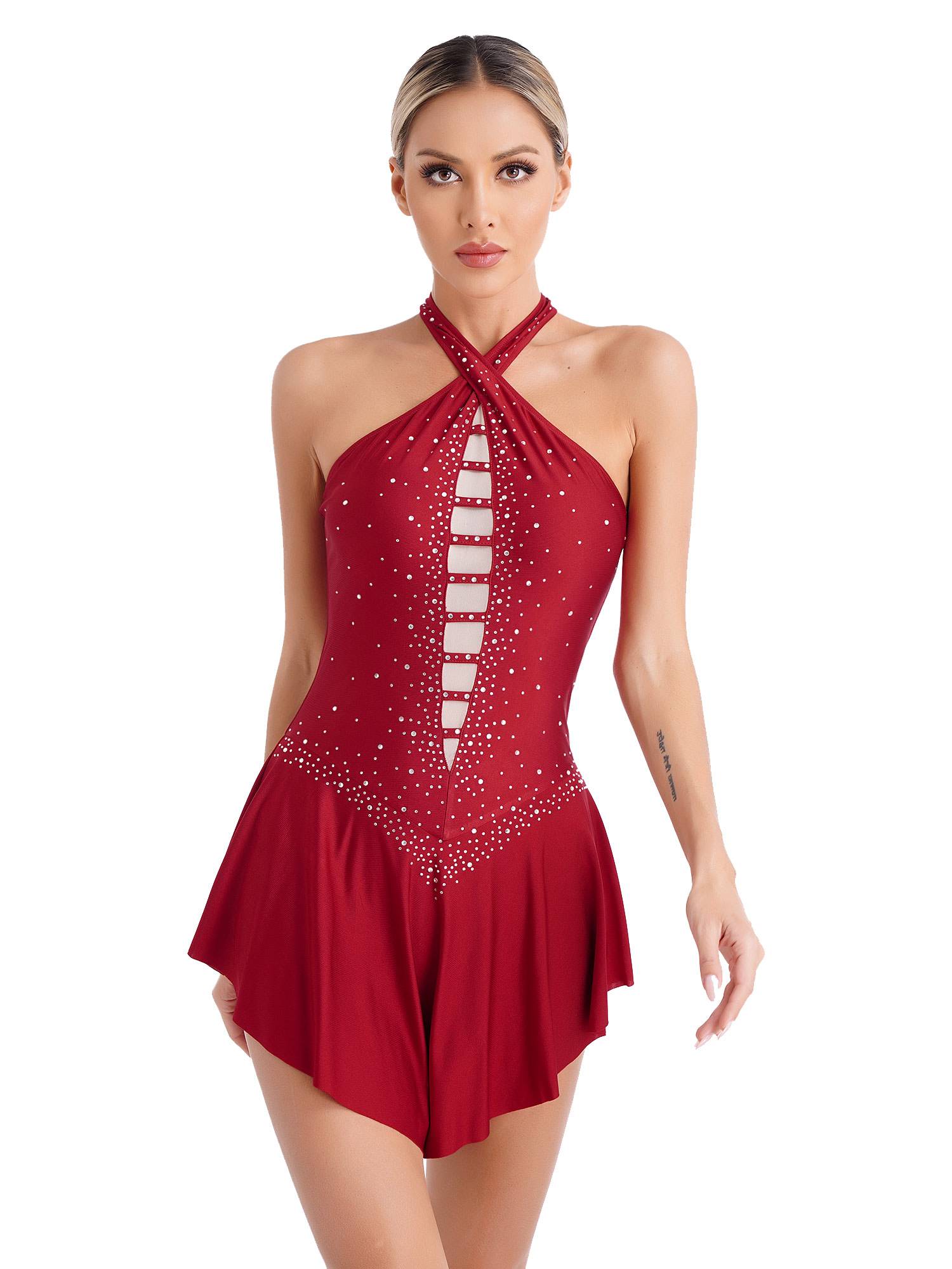 Women Glittery Rhinestones Sleeveless Figure Skating Leotard Dress