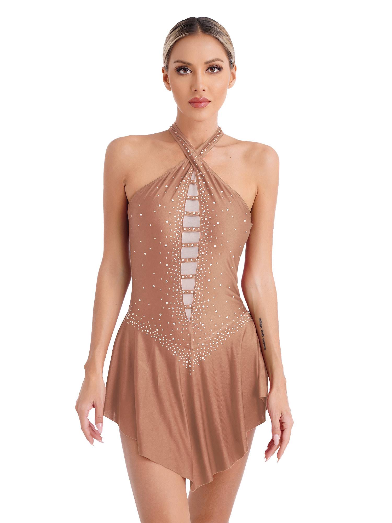 Women Glittery Rhinestones Sleeveless Figure Skating Leotard Dress