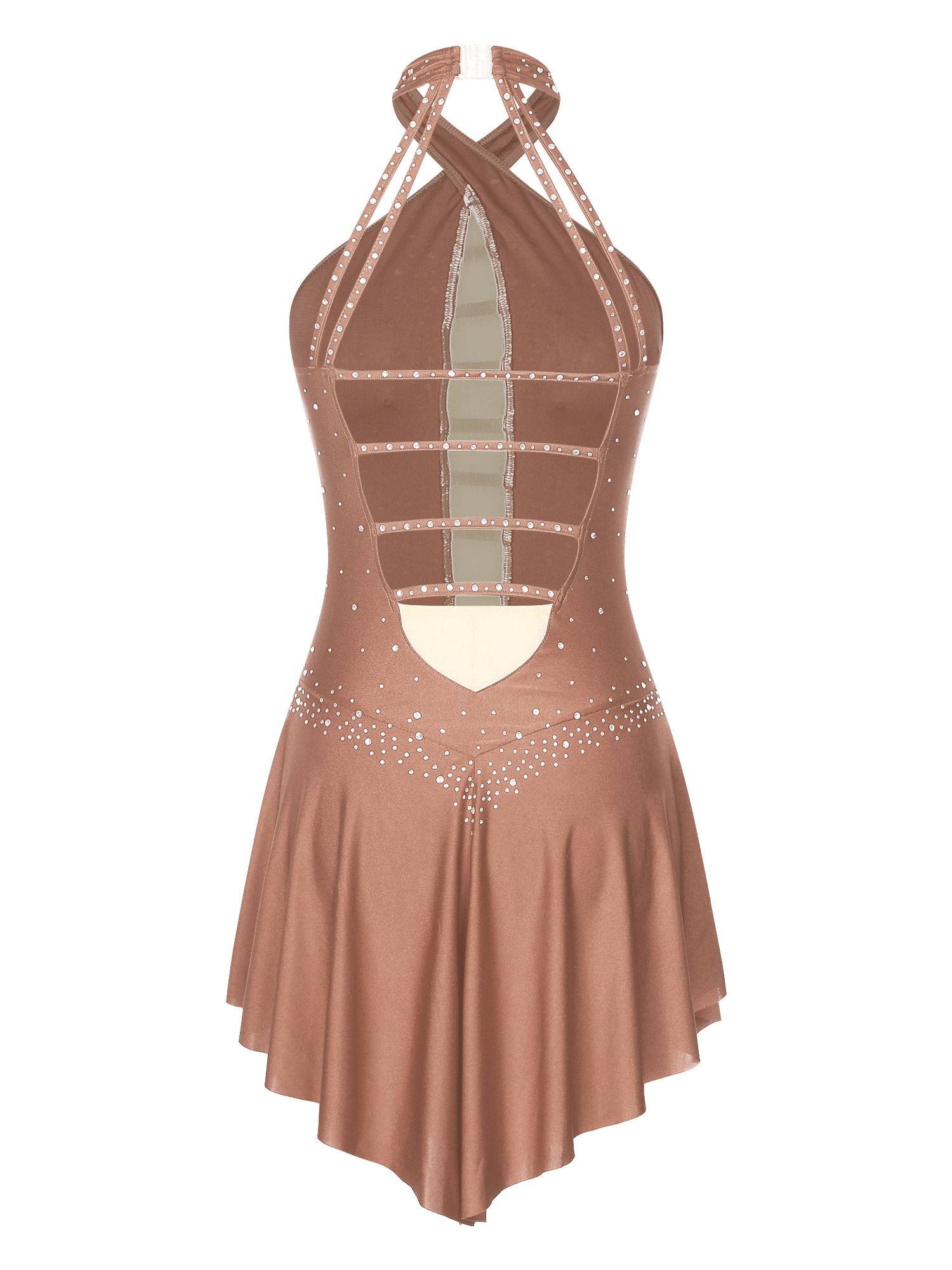 Women Glittery Rhinestones Sleeveless Figure Skating Leotard Dress