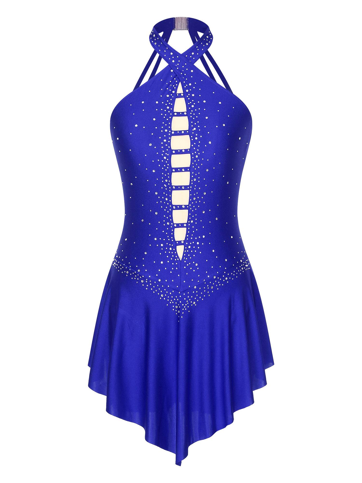 Women Glittery Rhinestones Sleeveless Figure Skating Leotard Dress