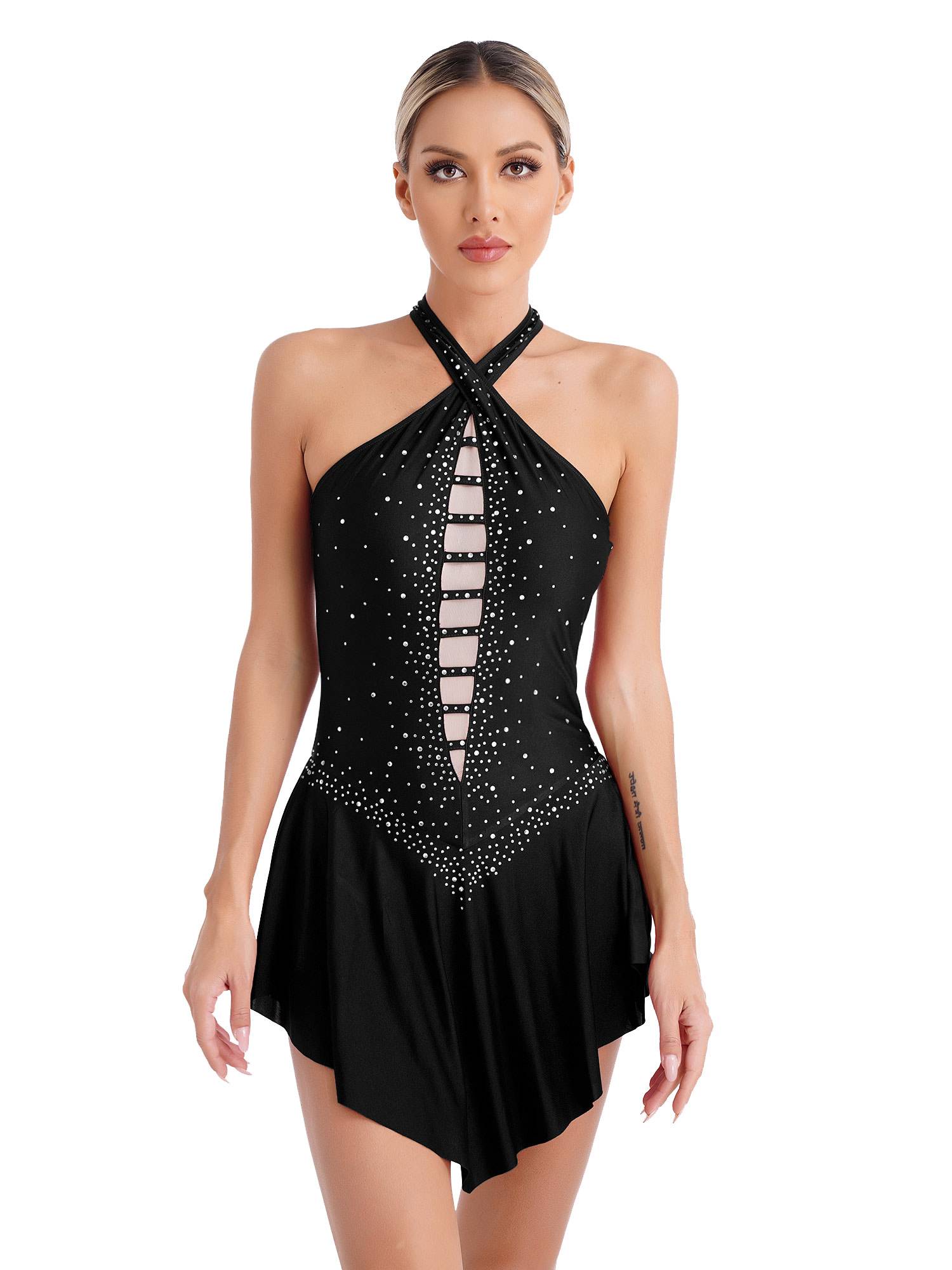 Women Glittery Rhinestones Sleeveless Figure Skating Leotard Dress