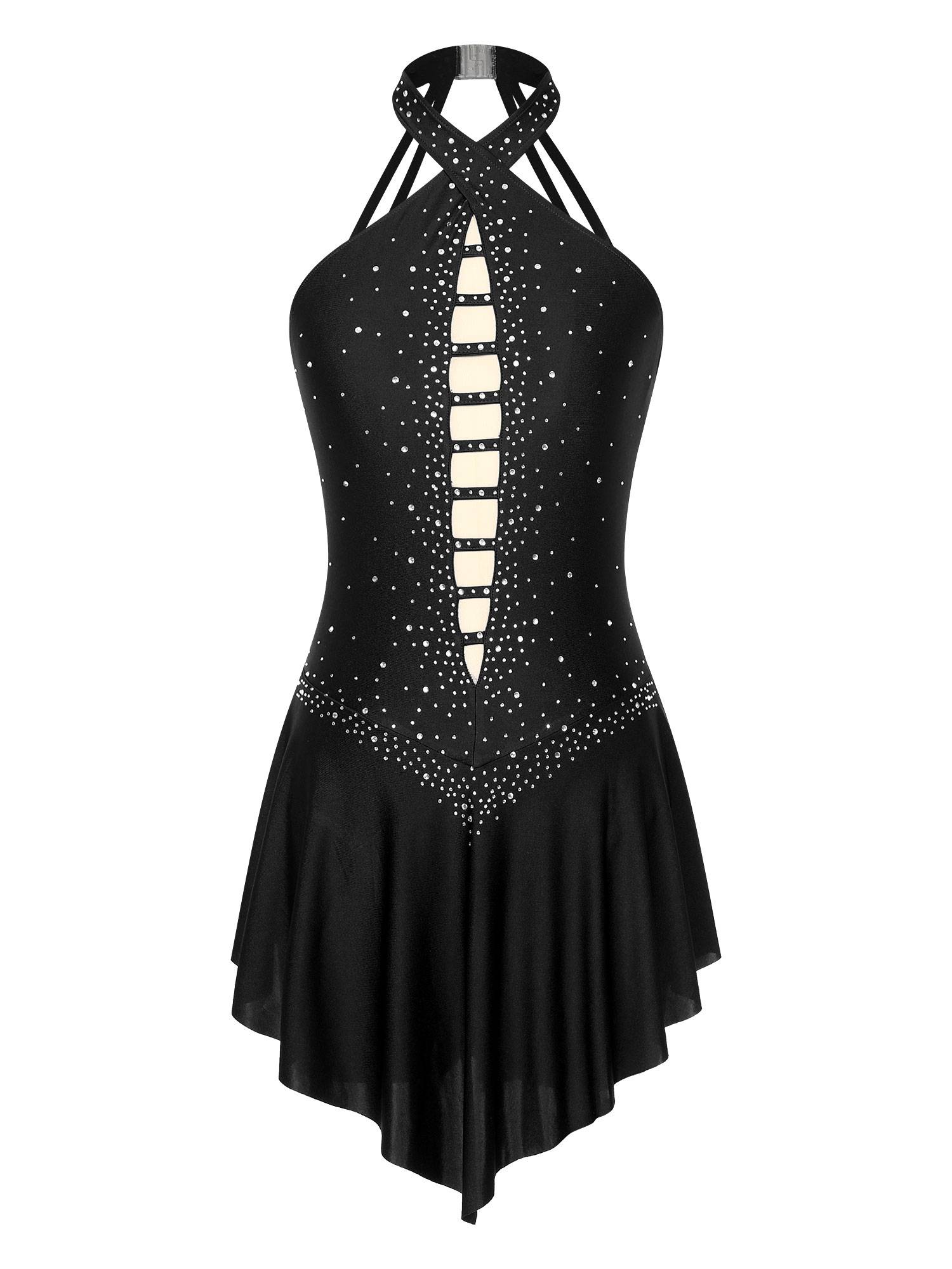 Women Glittery Rhinestones Sleeveless Figure Skating Leotard Dress