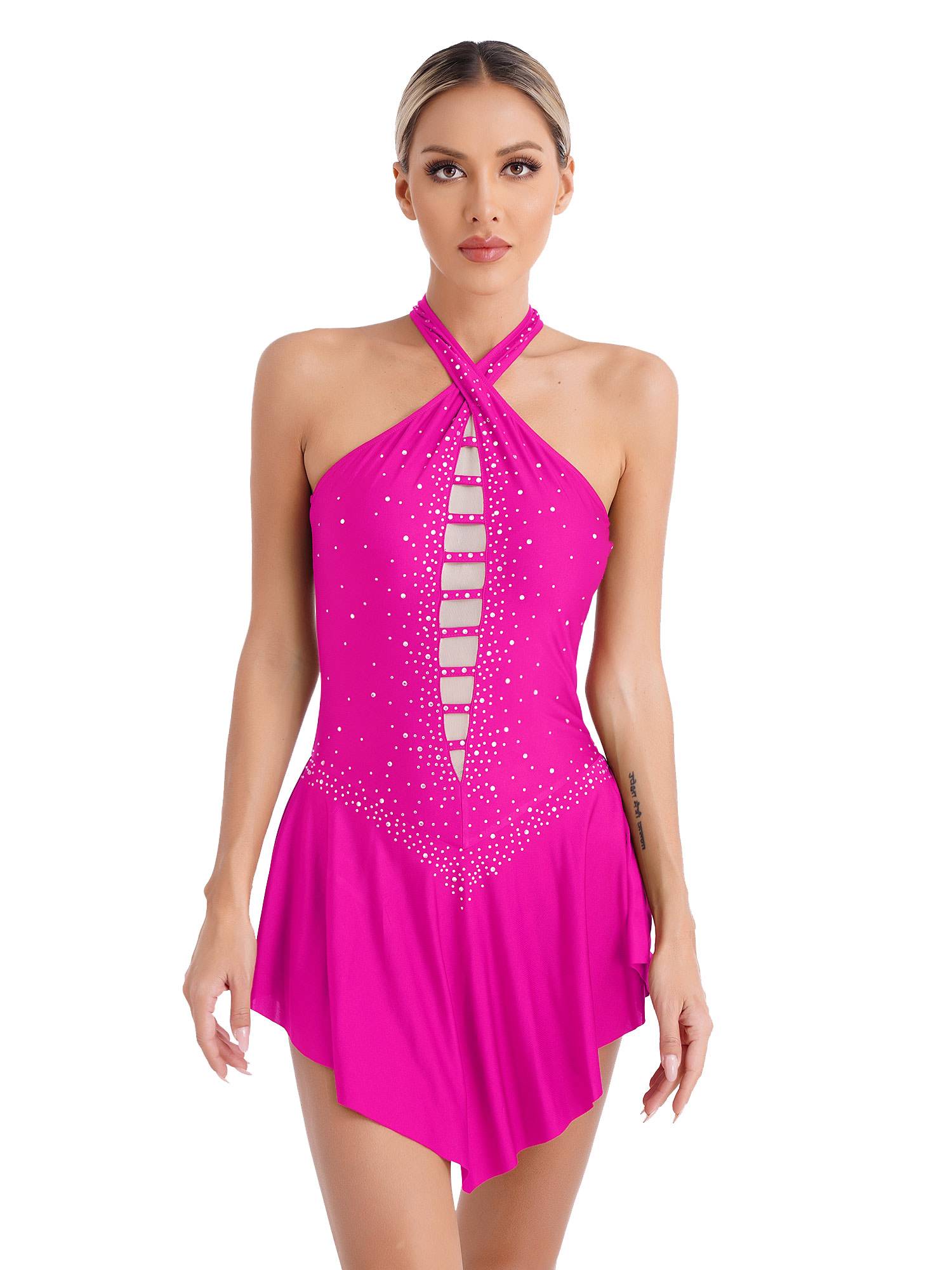 Women Glittery Rhinestones Sleeveless Figure Skating Leotard Dress