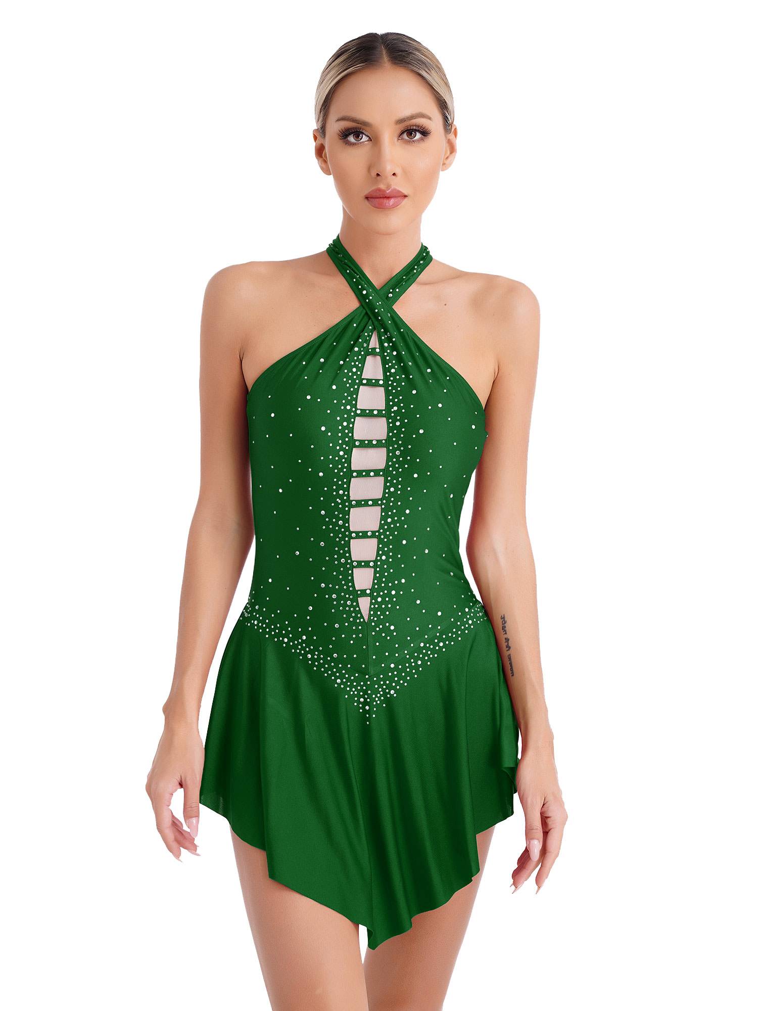 Women Glittery Rhinestones Sleeveless Figure Skating Leotard Dress