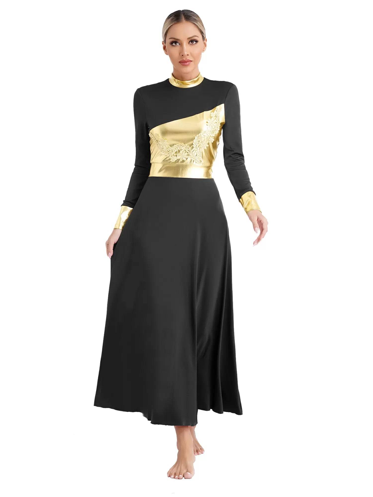 Women Metallic Long Sleeve Liturgical Praise Dance Midi Dress