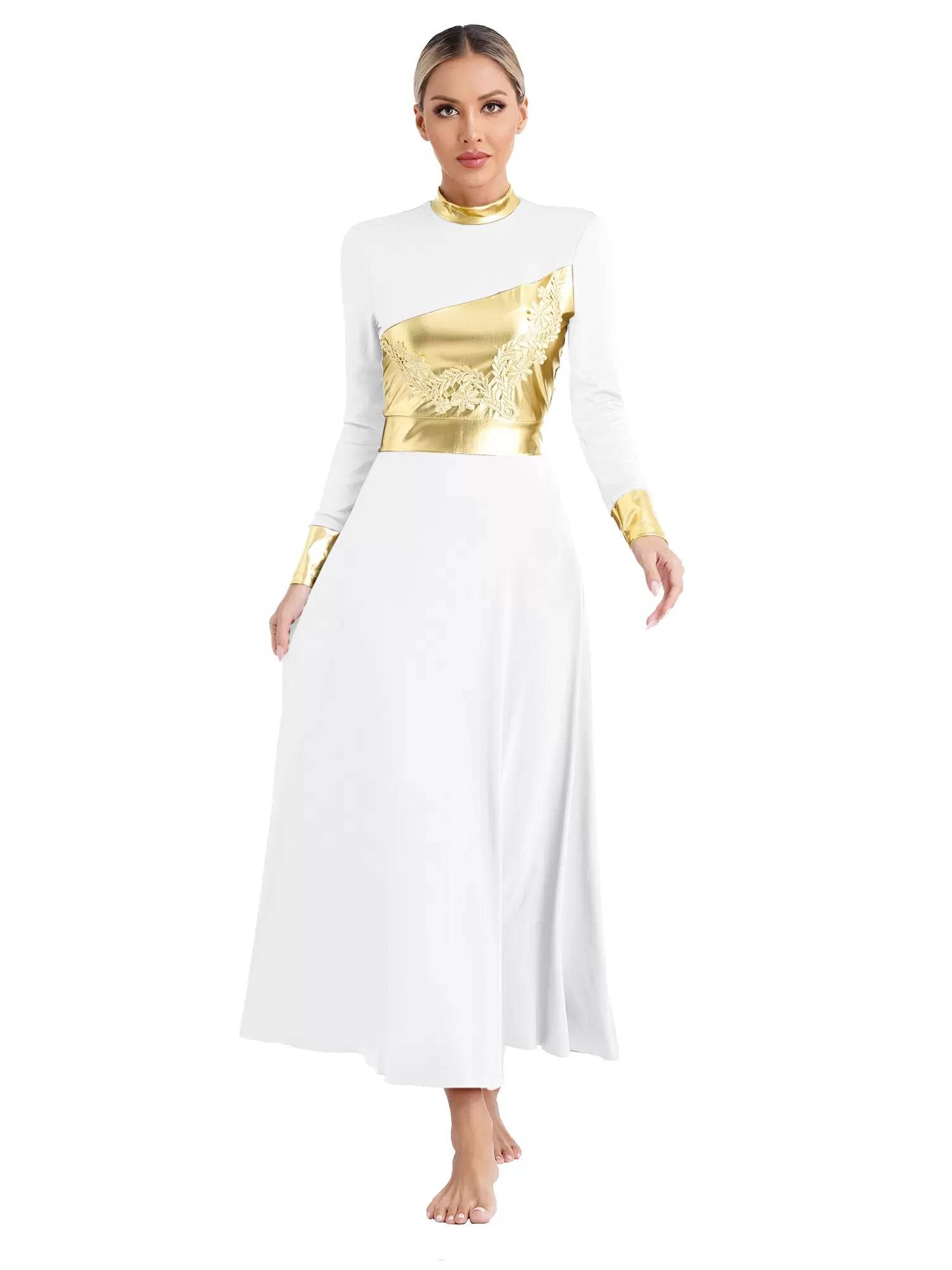 Women Metallic Long Sleeve Liturgical Praise Dance Midi Dress
