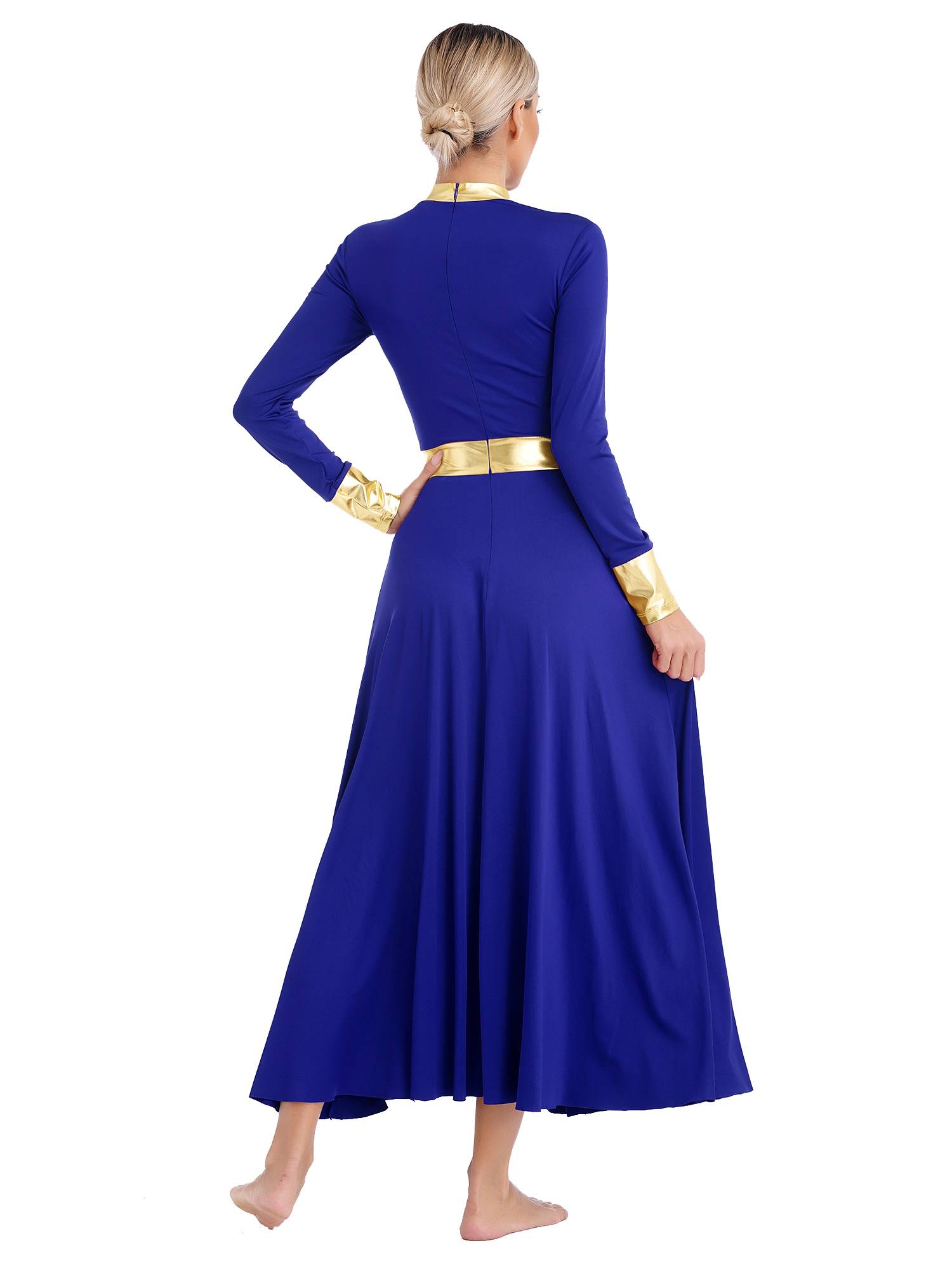 Women Metallic Long Sleeve Liturgical Praise Dance Midi Dress