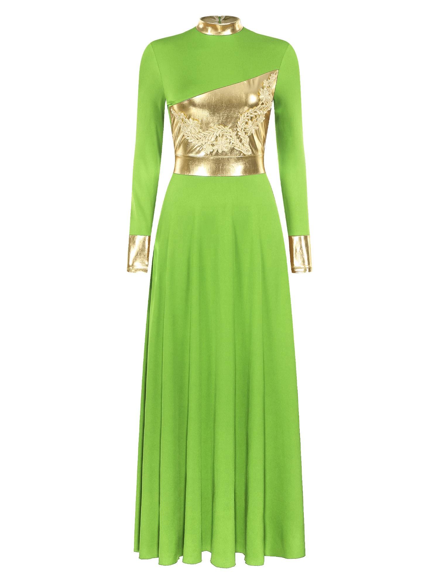 Women Metallic Long Sleeve Liturgical Praise Dance Midi Dress