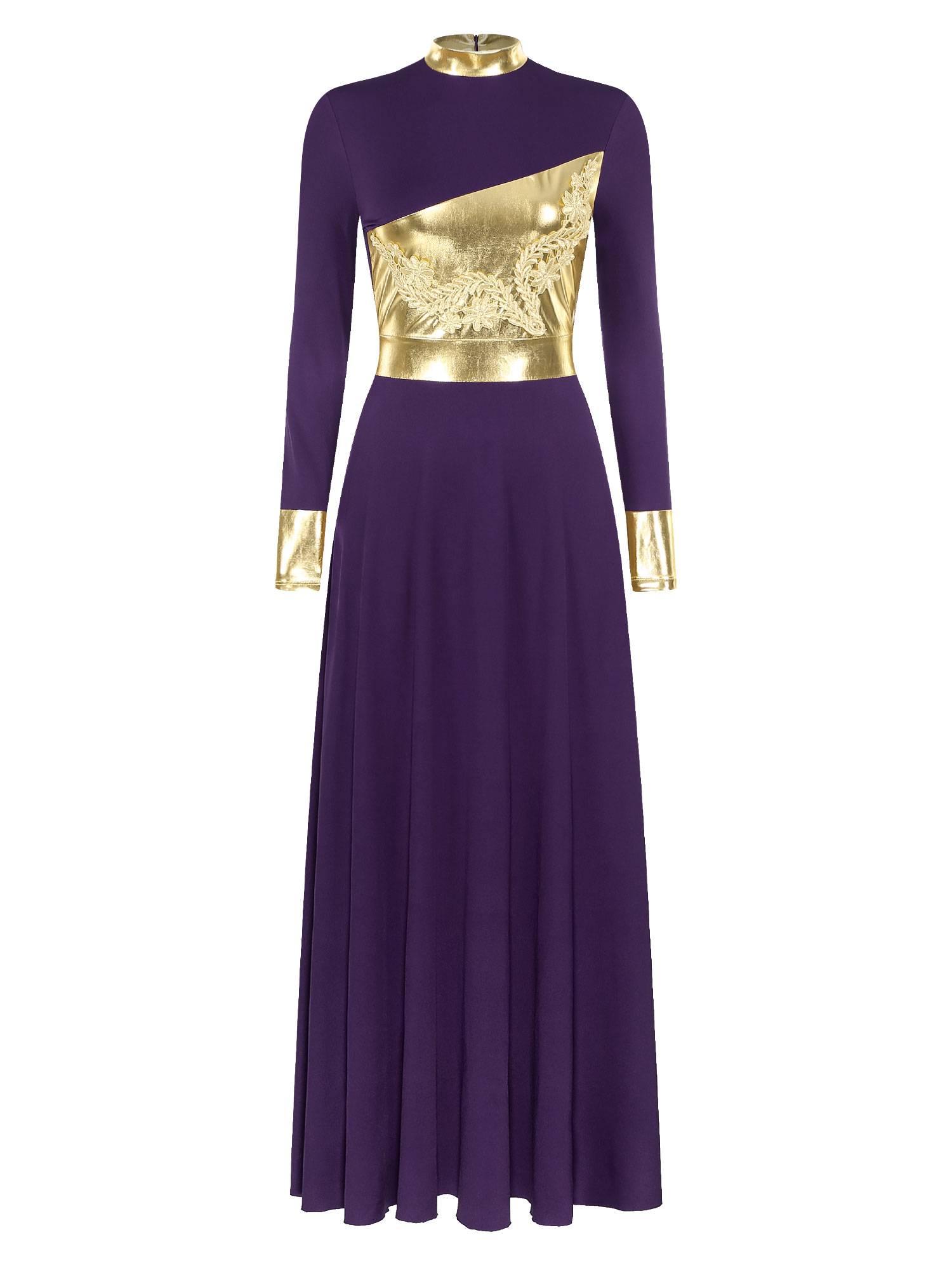 Women Metallic Long Sleeve Liturgical Praise Dance Midi Dress